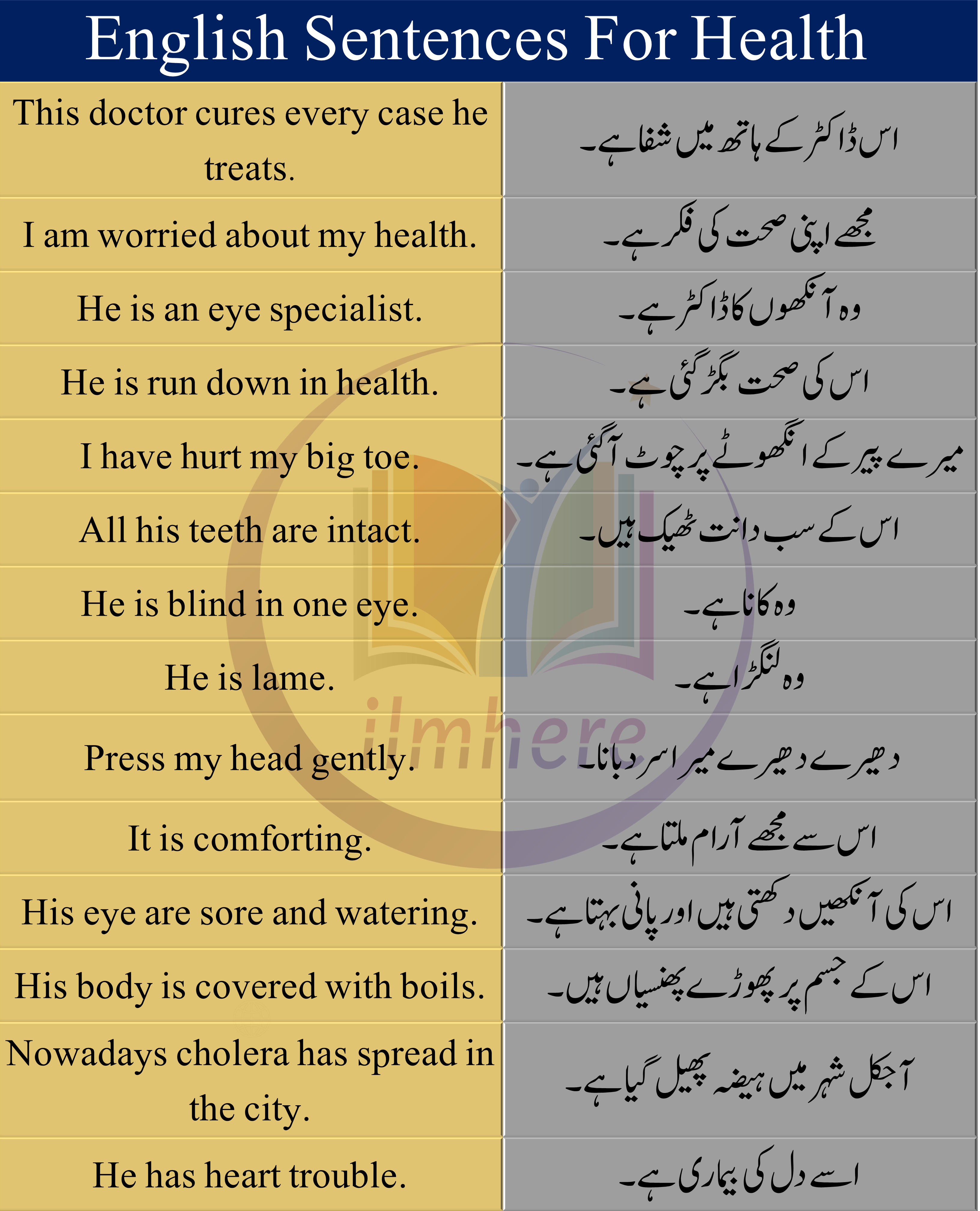 Sentences About Health In English And Urdu/Hindi