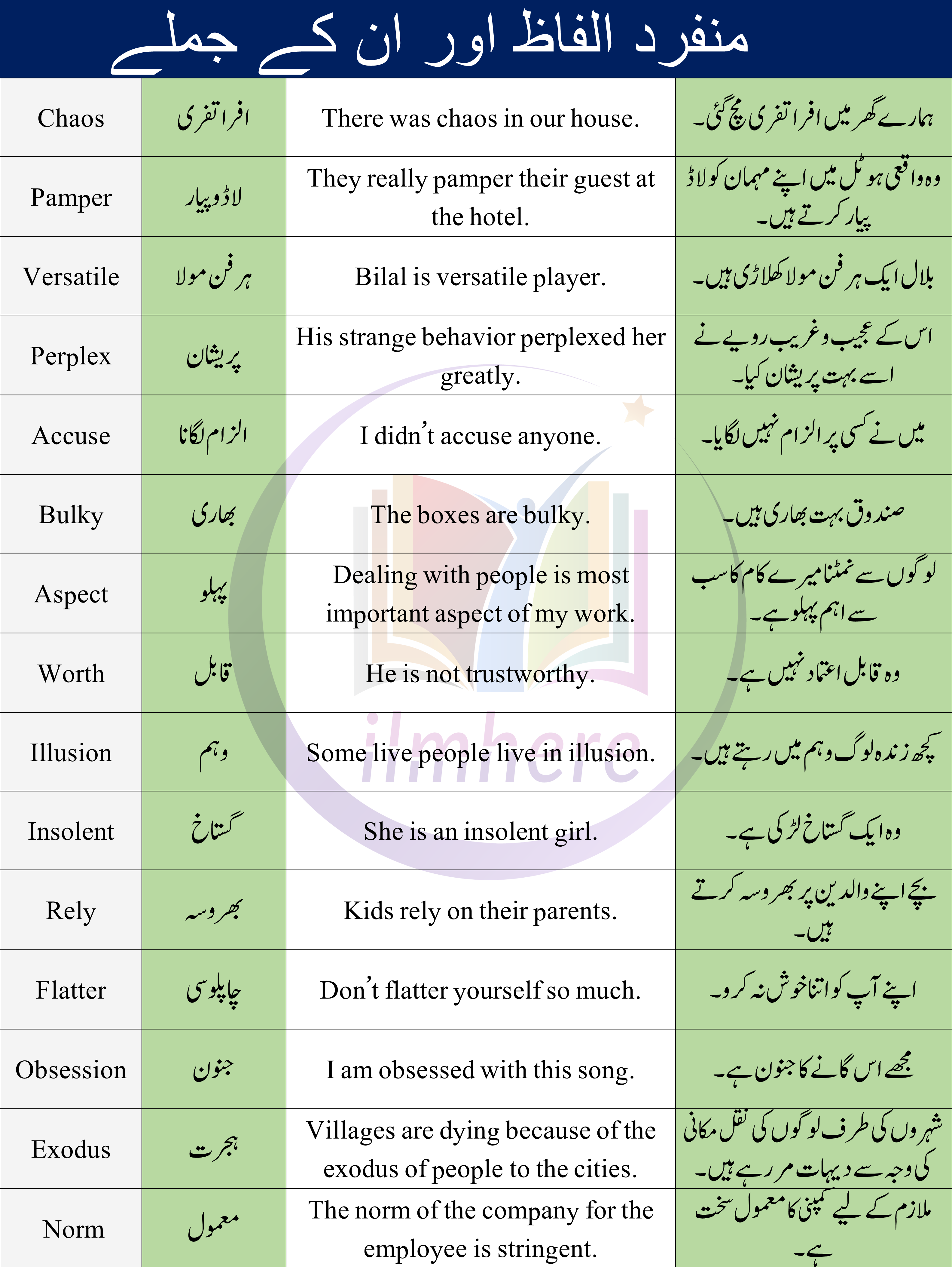 Vocabulary Words With Sentences In Urdu And Hindi Examples