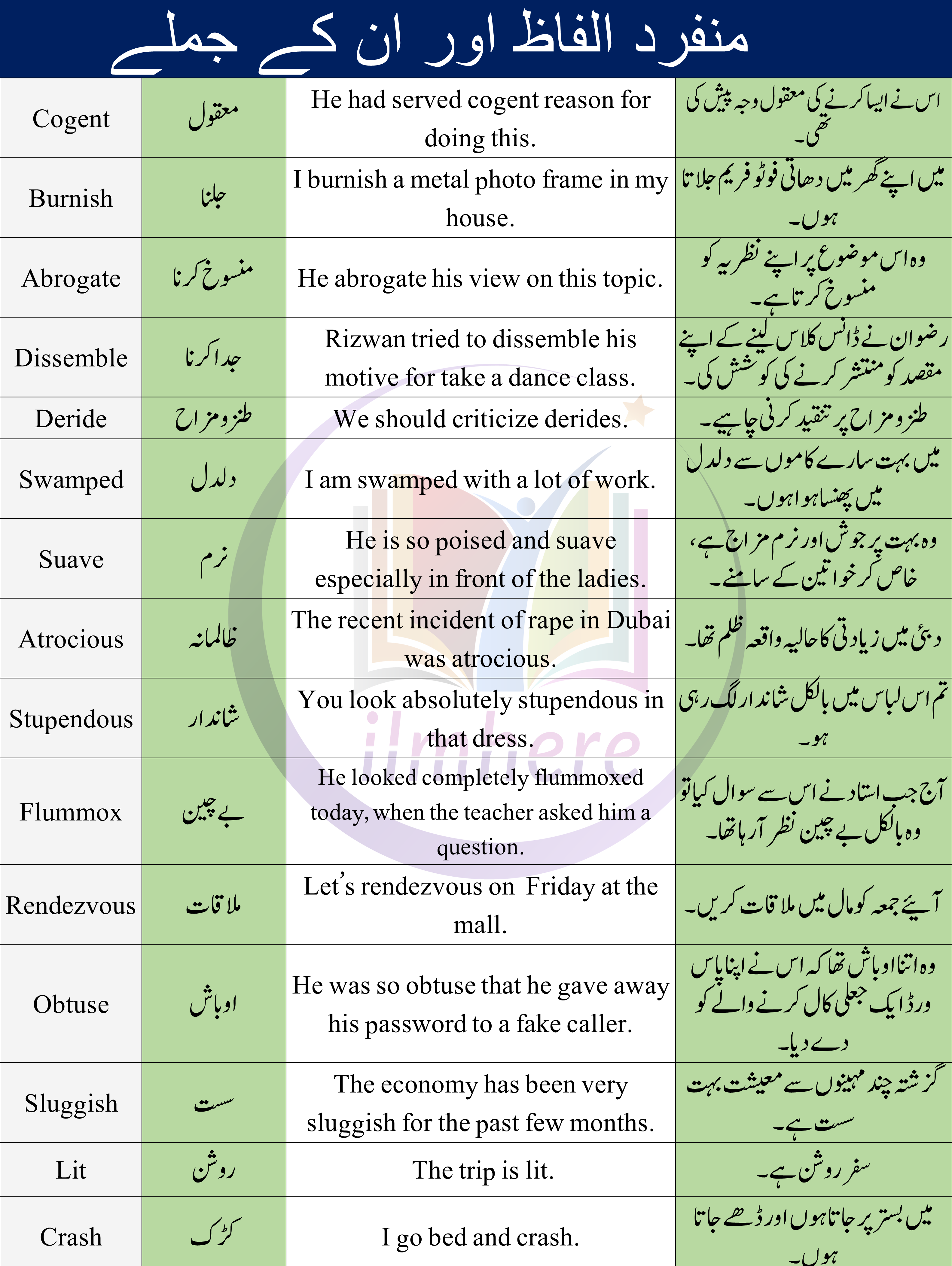 Vocabulary Words With Sentences In Urdu And Hindi Examples