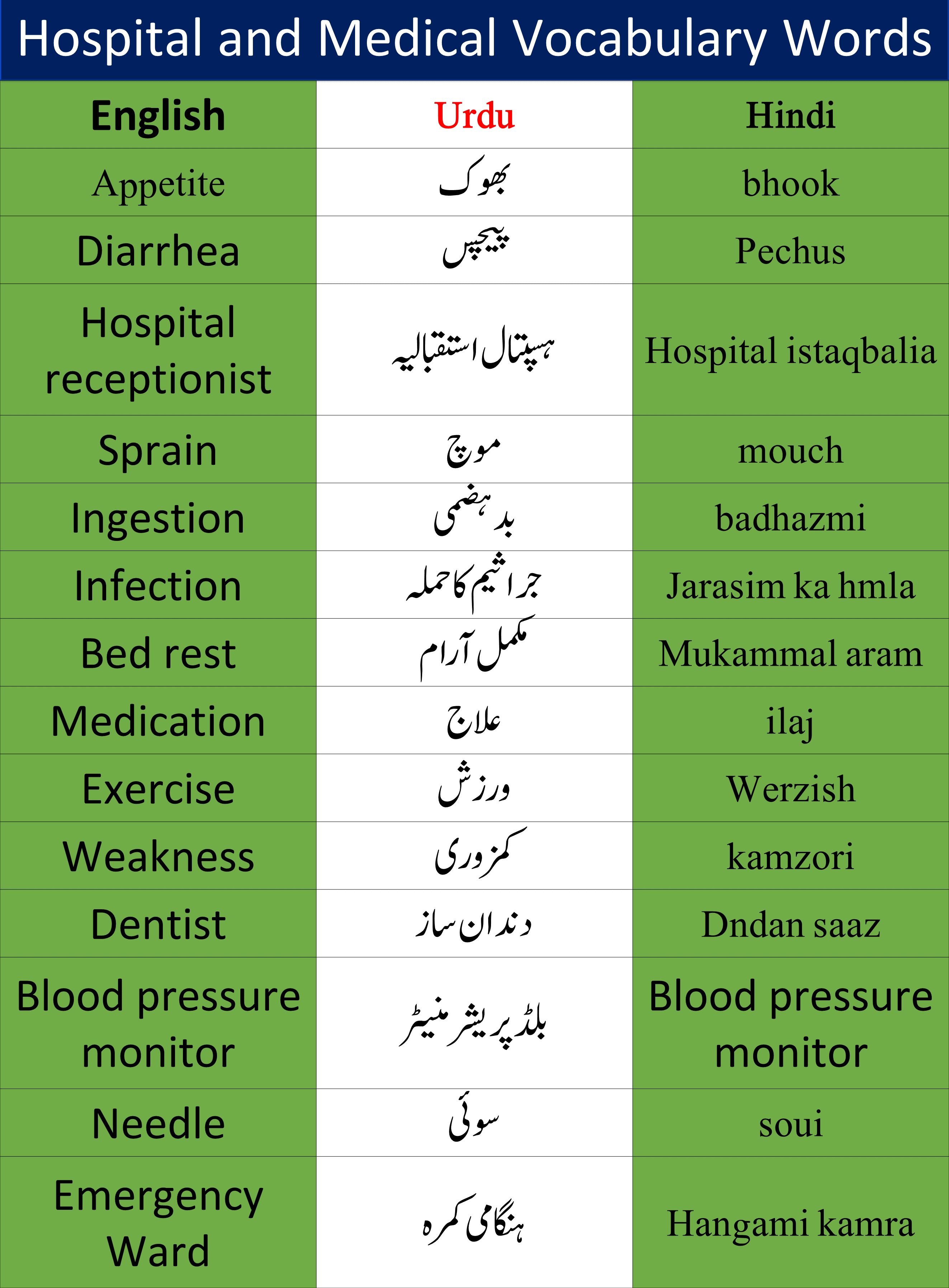 Hospital And Medical Vocabulary Words With Meaning in urdu and hindi