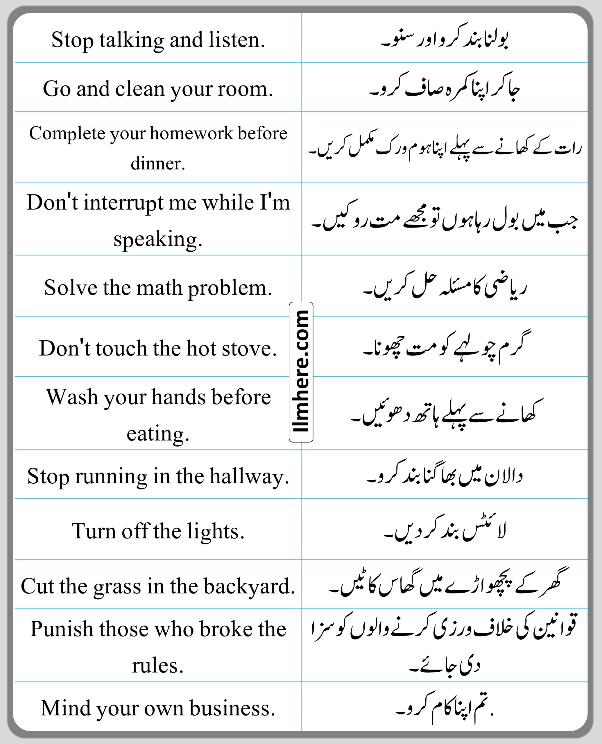 English To Urdu Sentences For Order With Translation