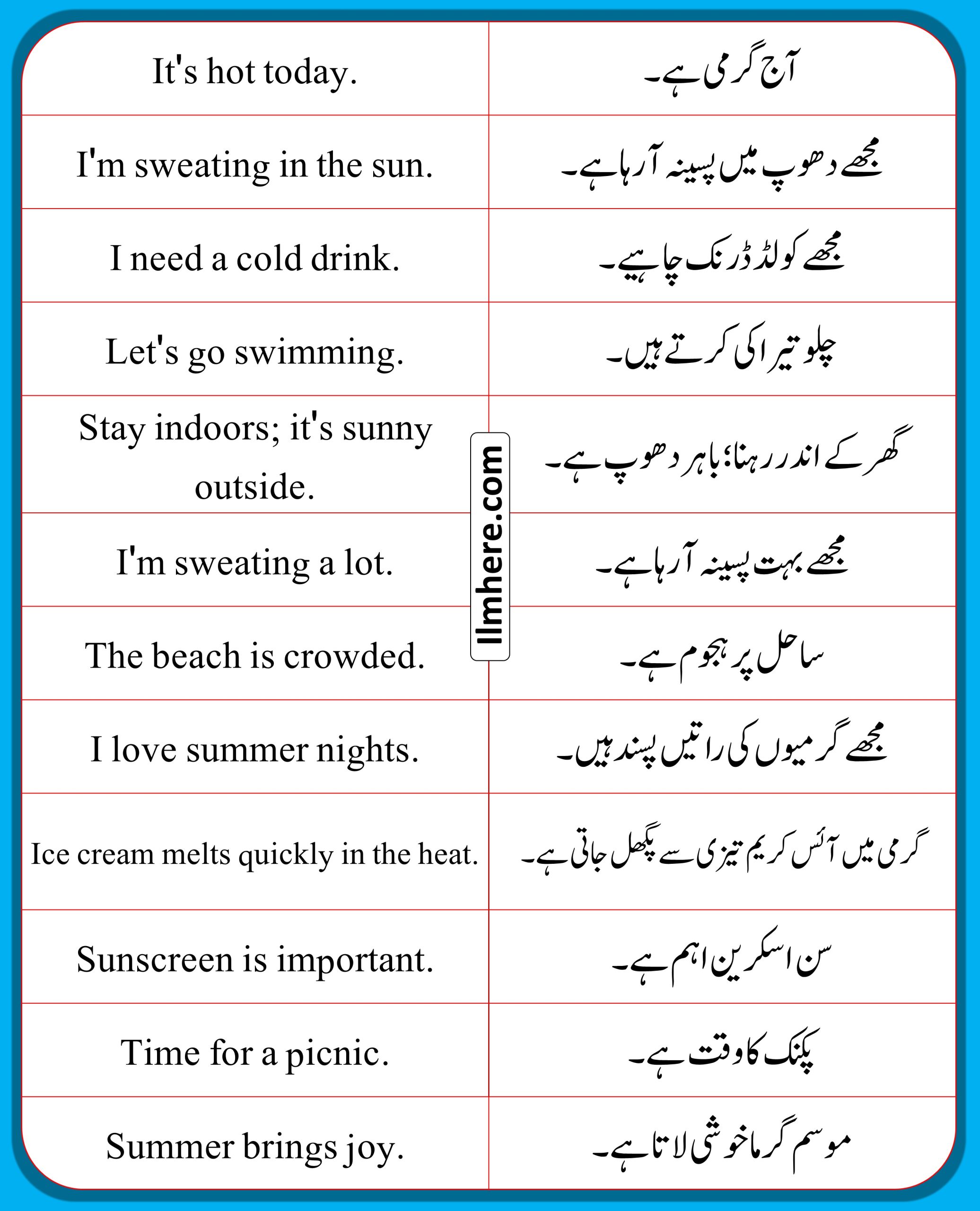 English to Urdu Summer Sentences