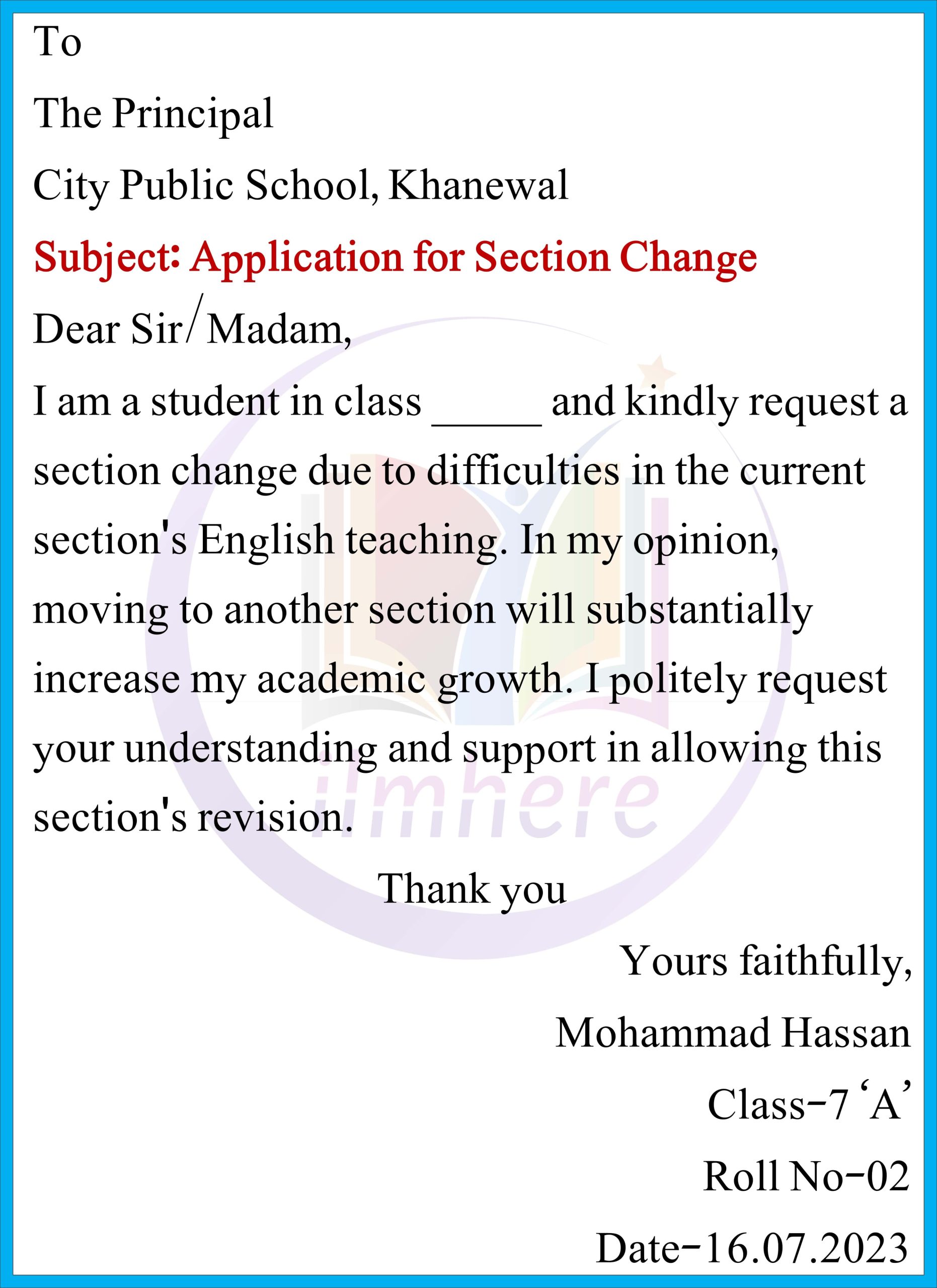 Write an Application for Section Change to the Headmaster