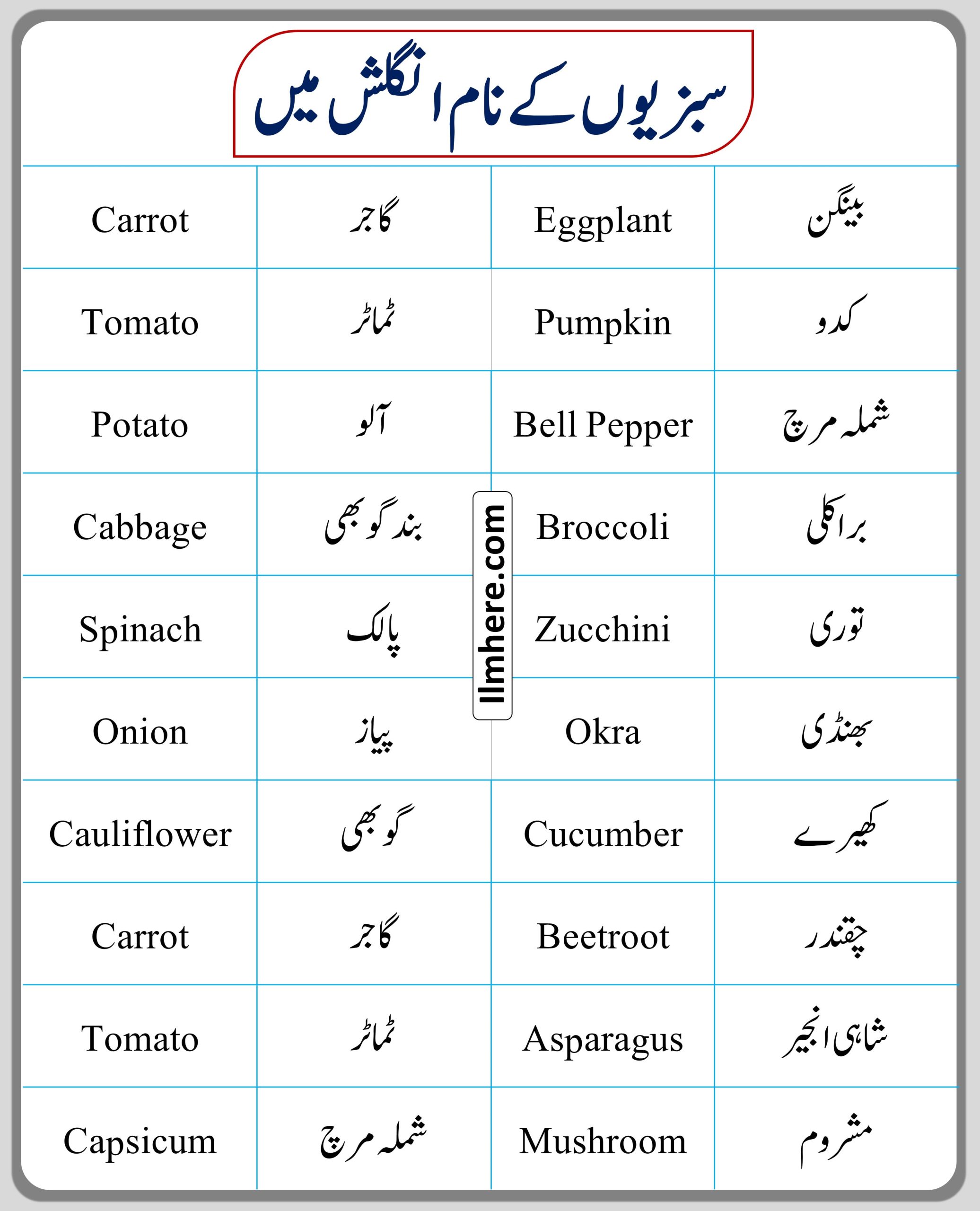 Vegetables Names List in English and Urdu