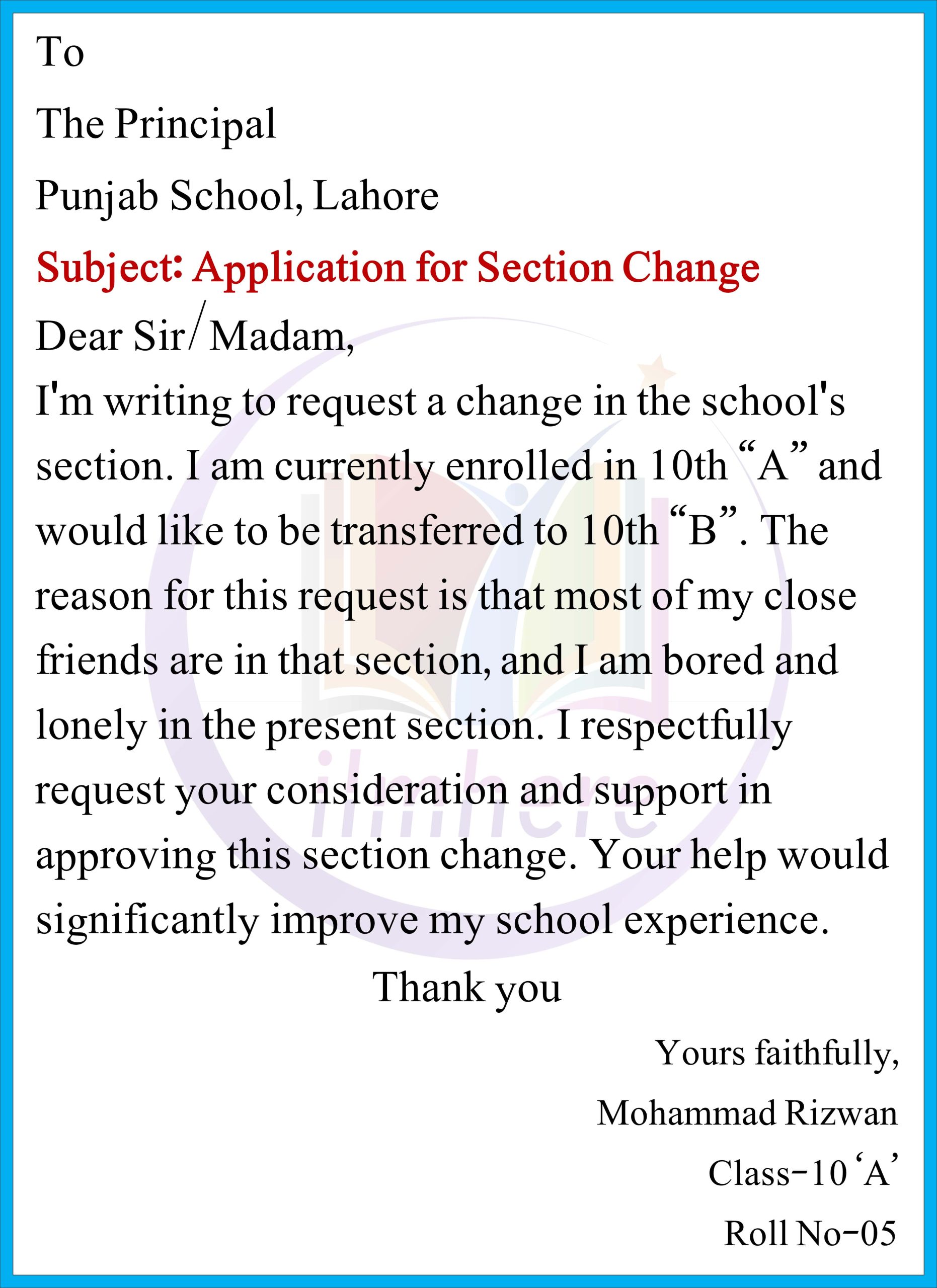 Application for Section Change In English