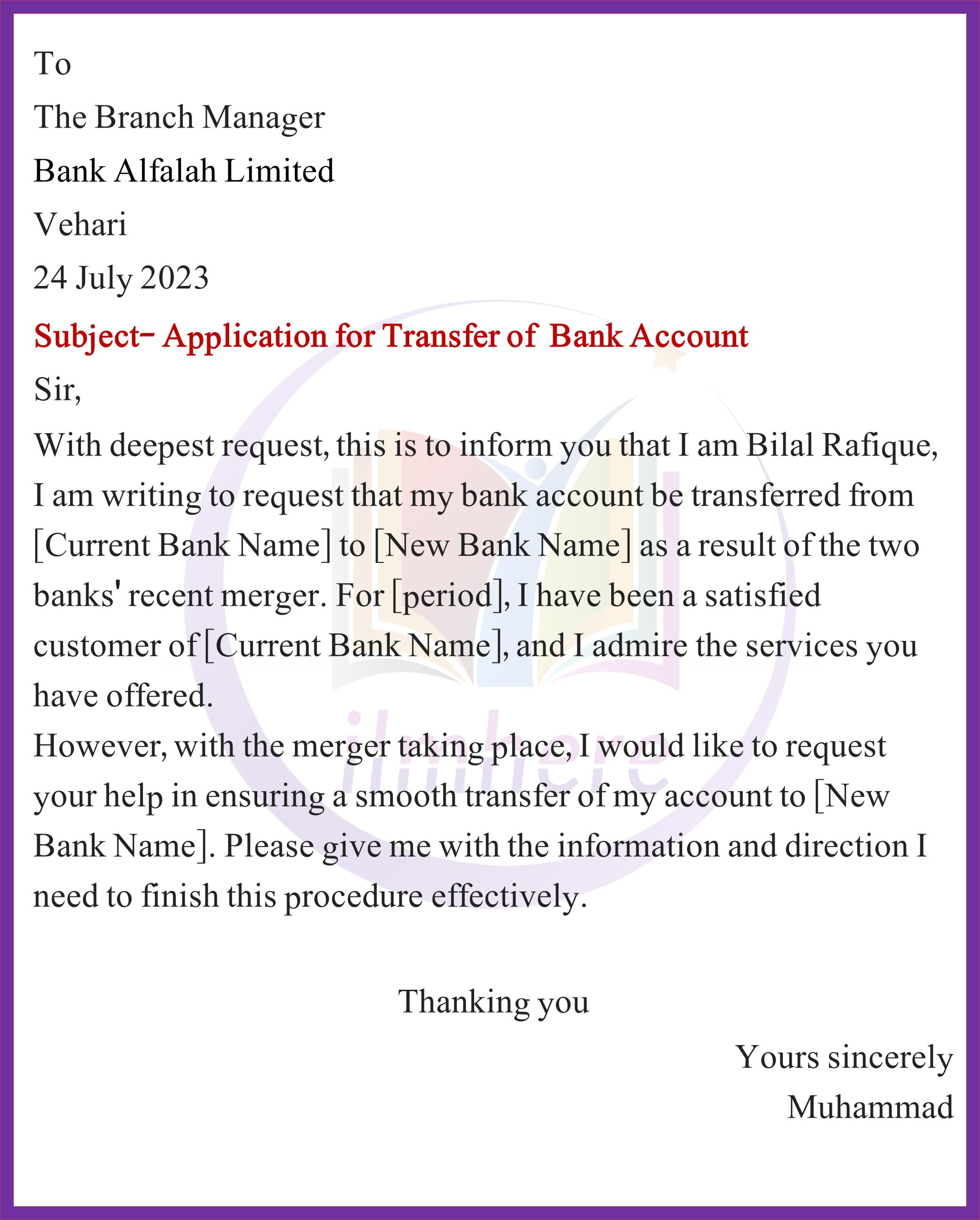Request for Bank Account Transfer Due to Merging Accounts (BAL)