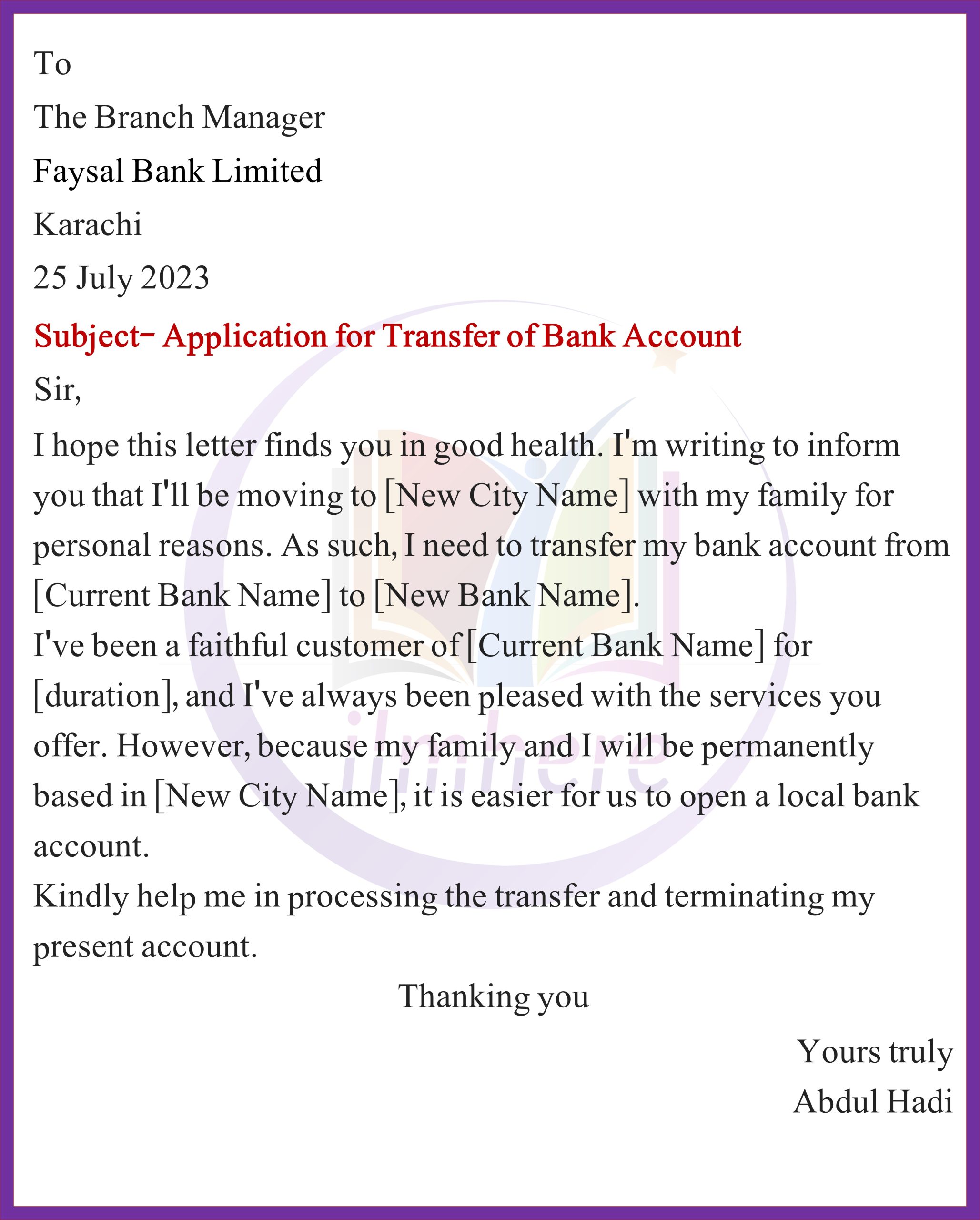 Request for Bank Account Transfer Due to Family Relocation (FBL)