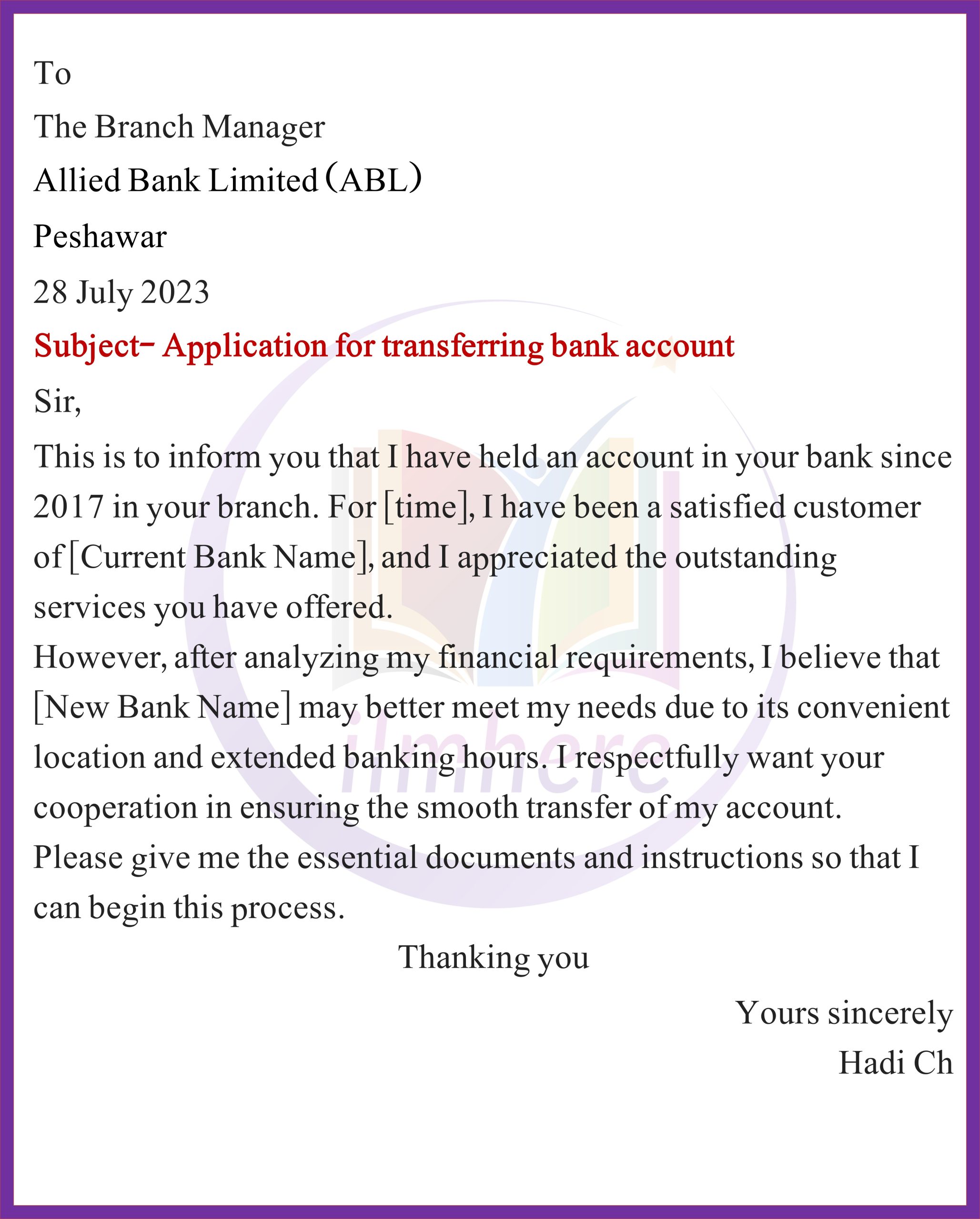 Request for Bank Account Transfer for Convenience (Abl)