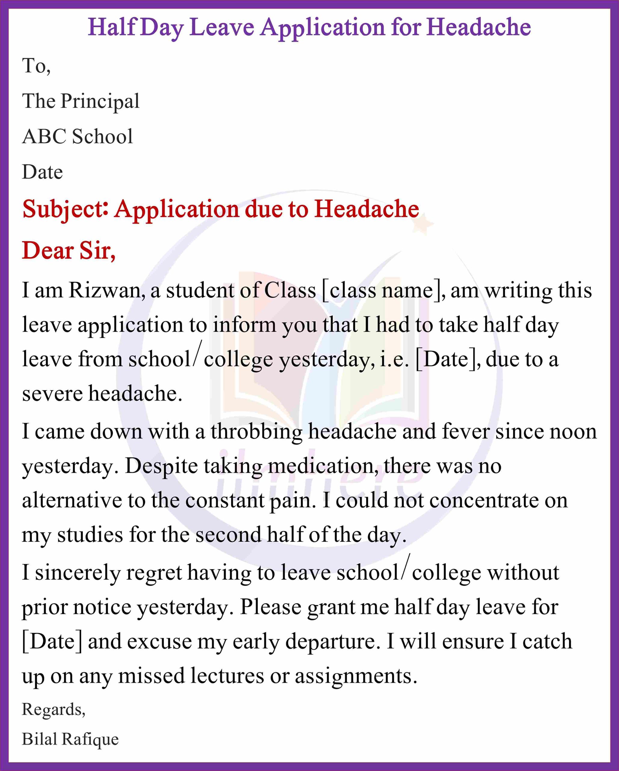 Half-Day Leave Application for Headache