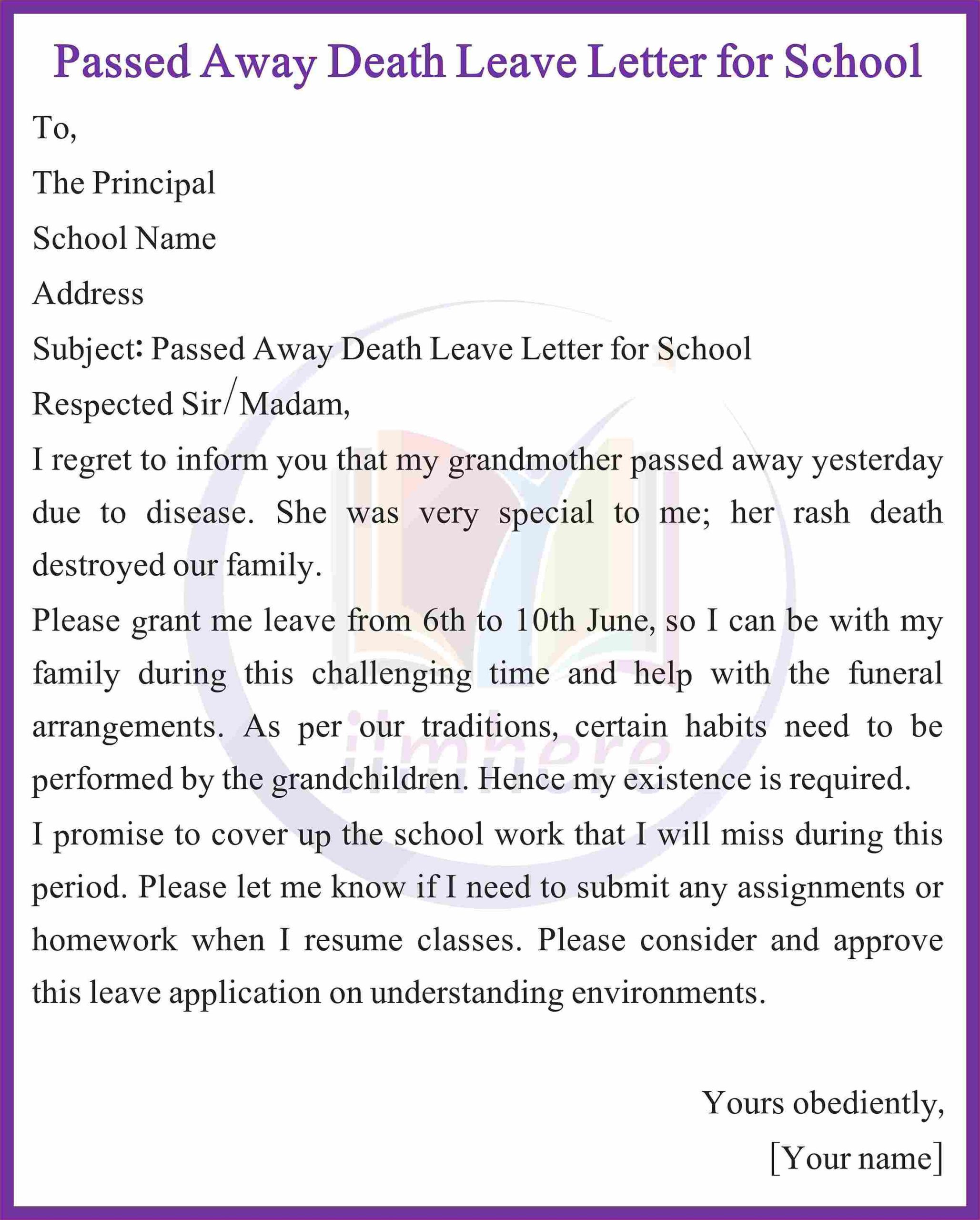 Passed Away Death Leave Letter for School