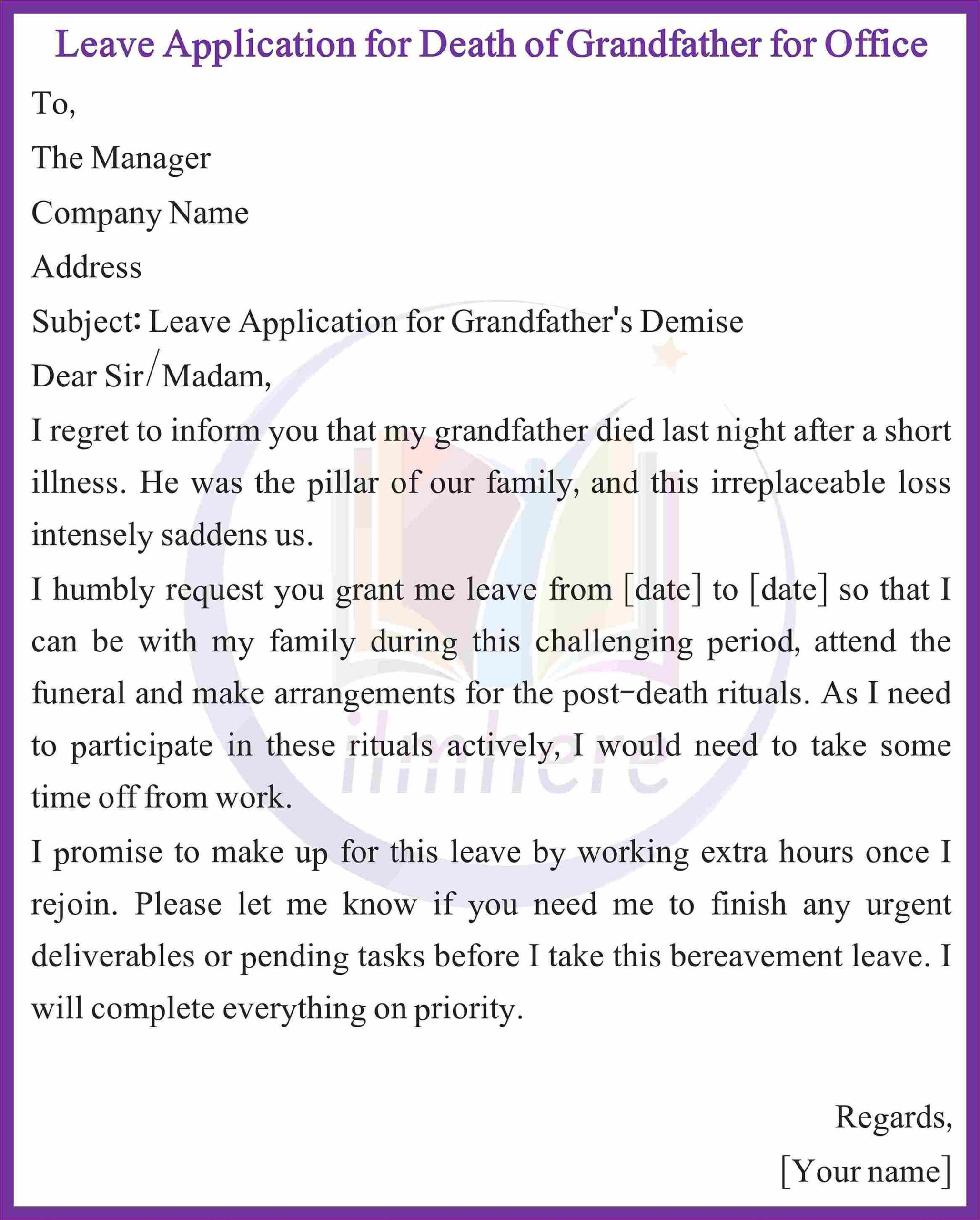Leave Application for Death of Grandfather for Office