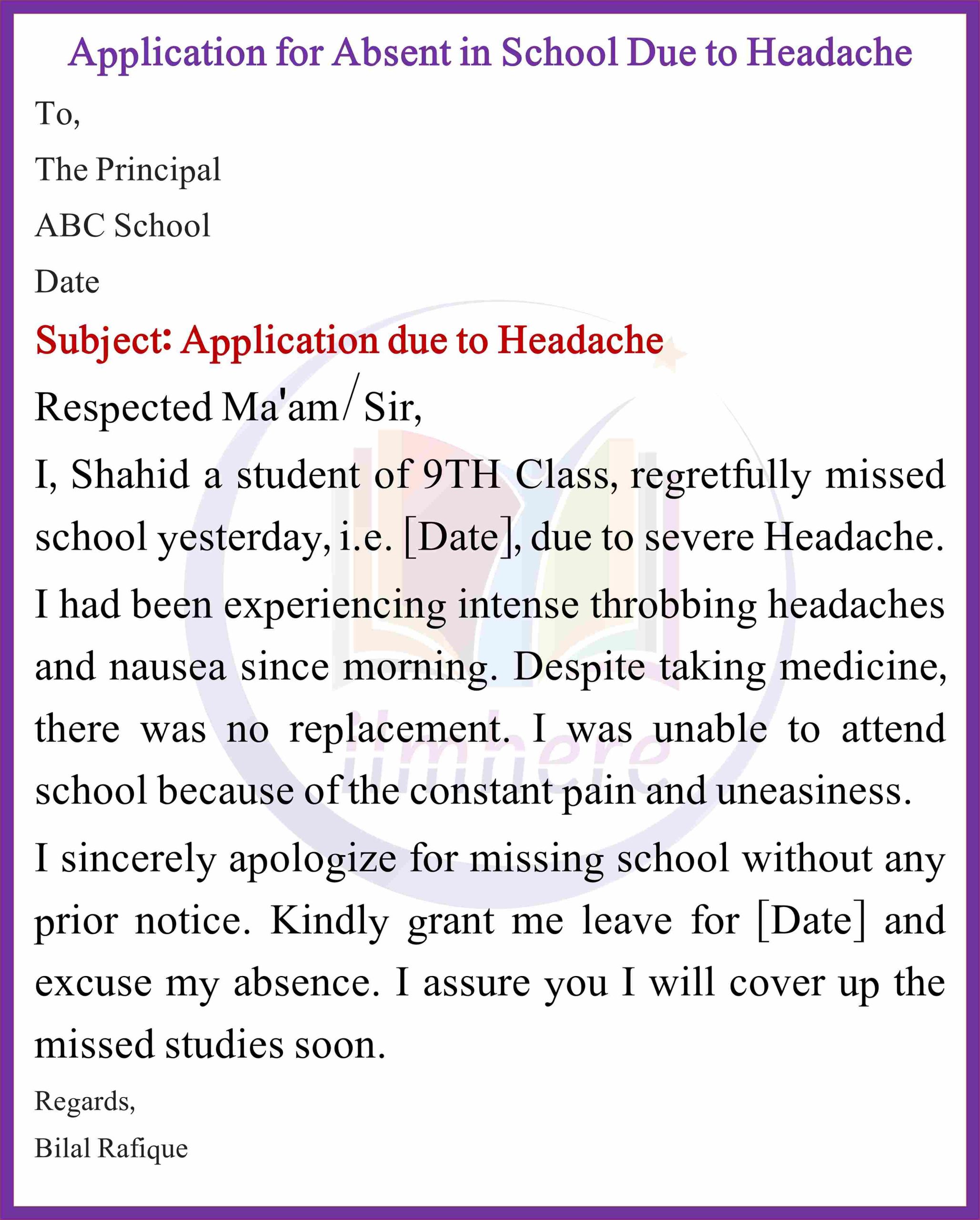 Application for Absent in School Due to Headache