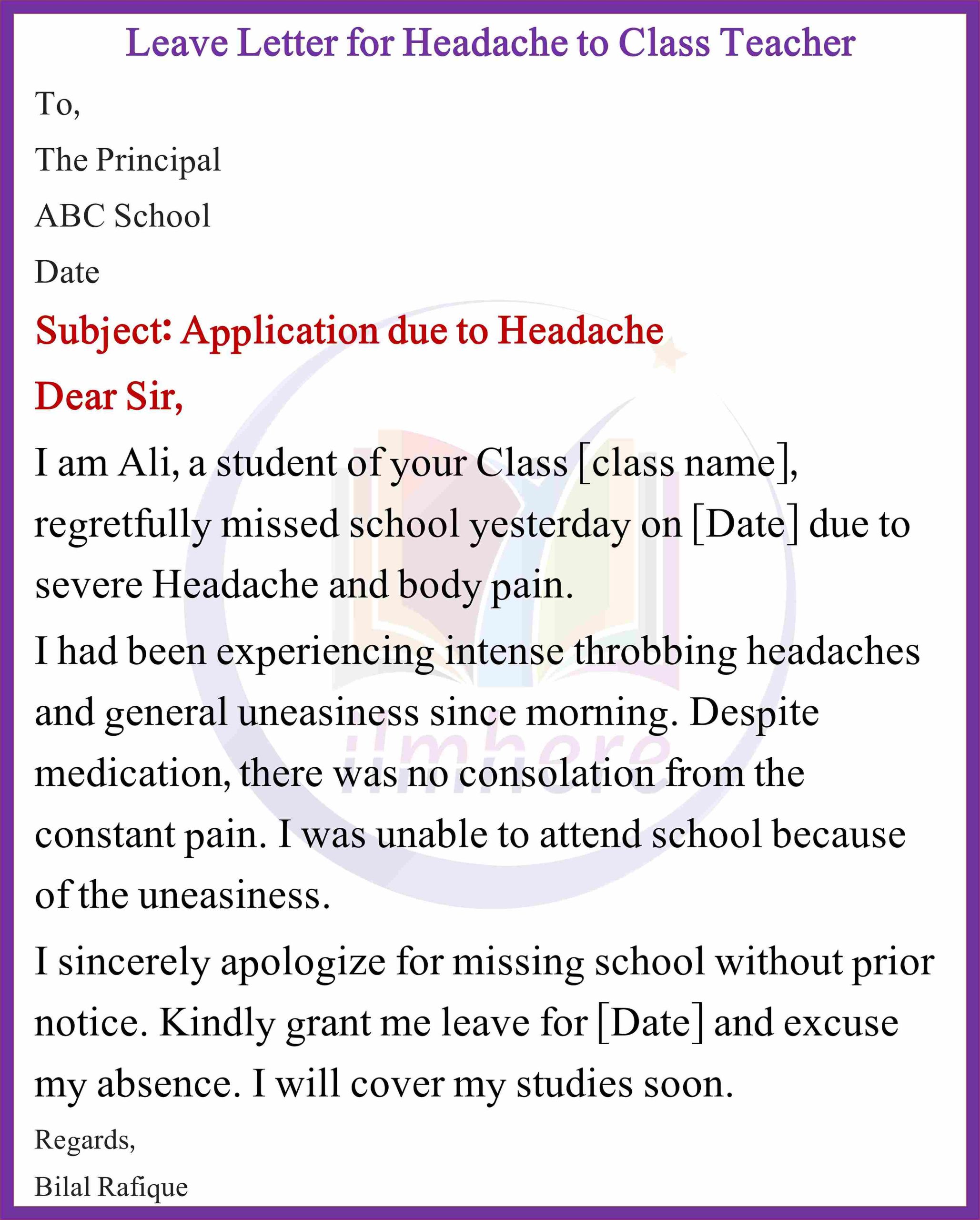 Leave Letter for Headache to Class Teacher