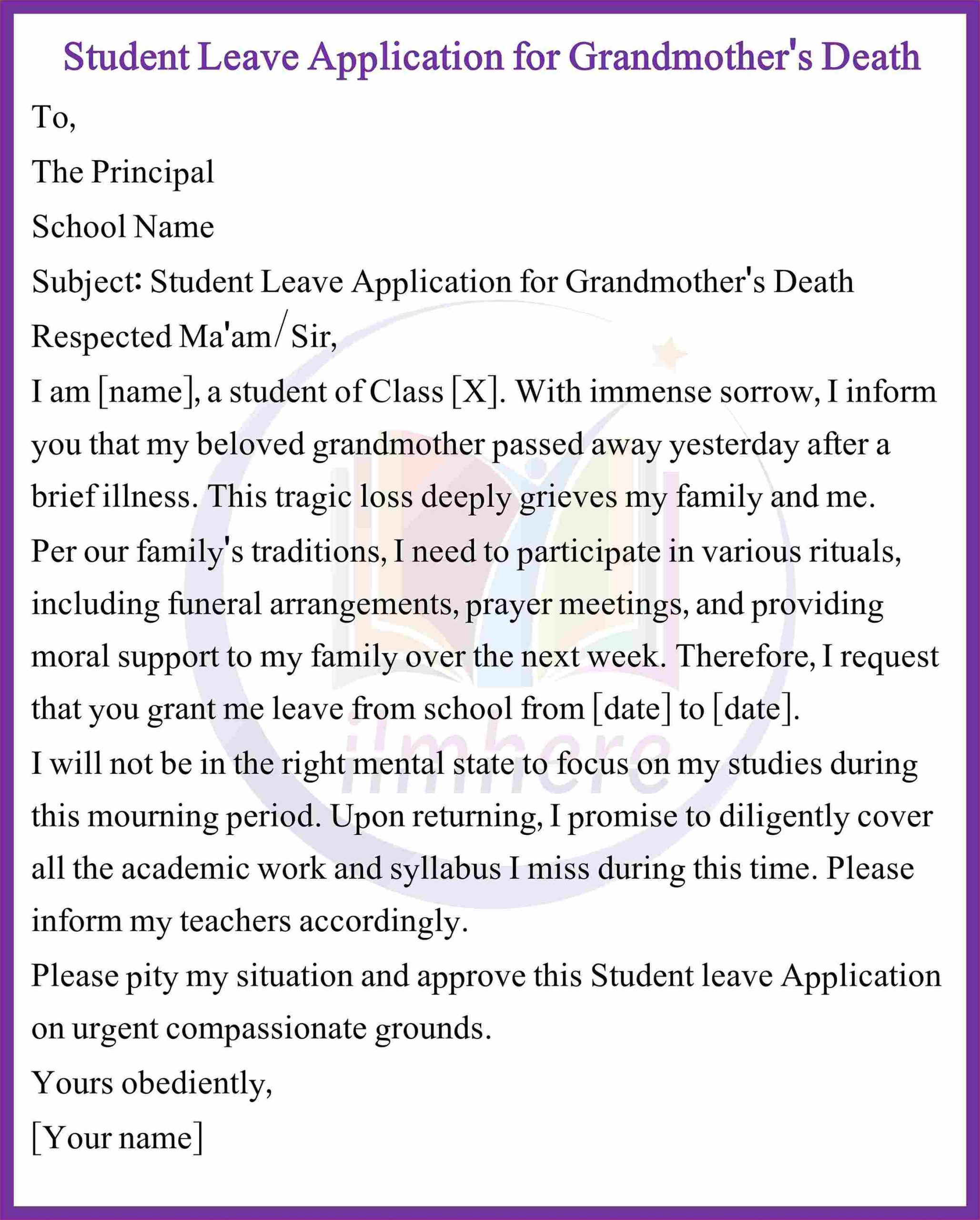 Student Leave Application for Grandmother's Death