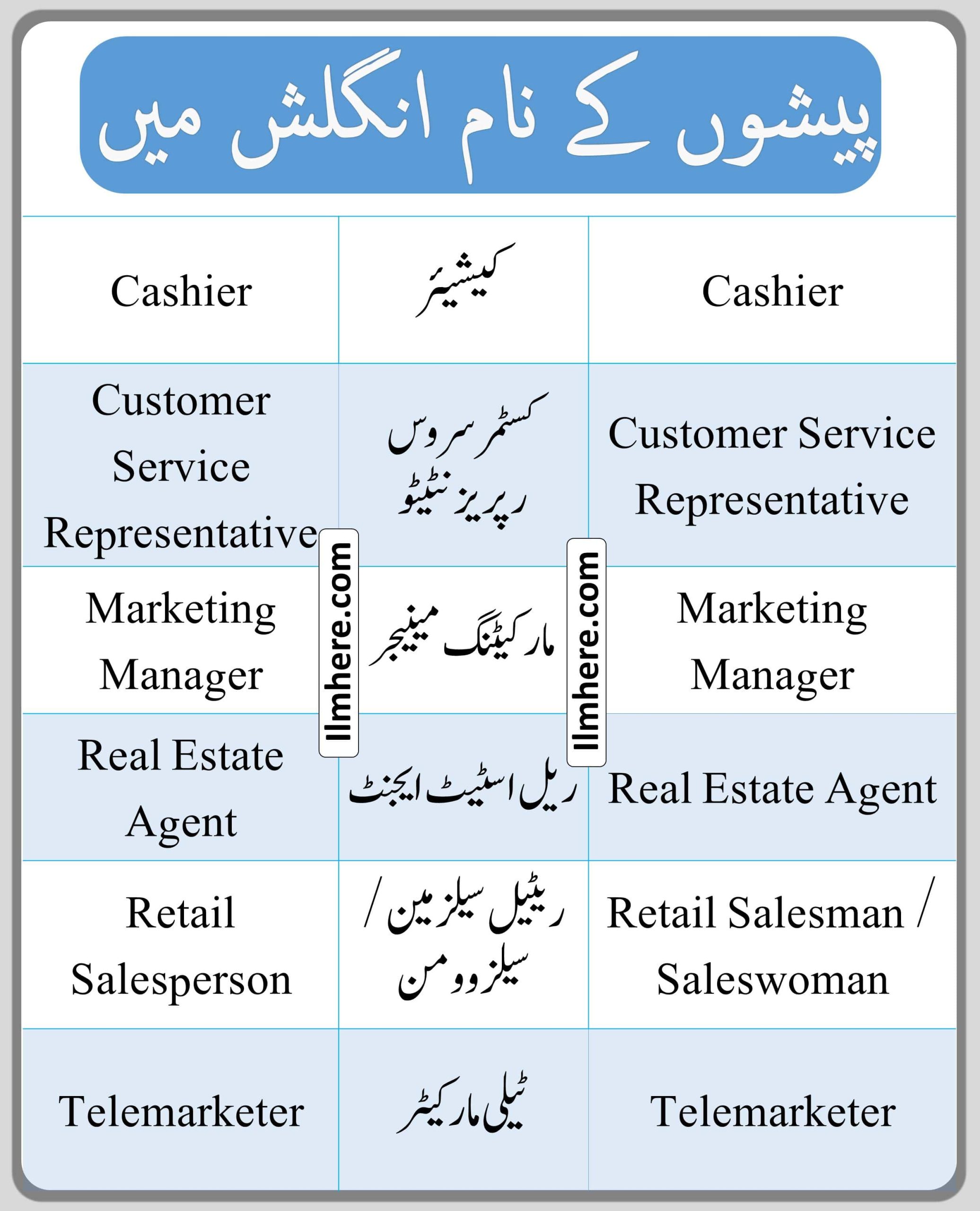 Profession Names related to sales, marketing, and customer service