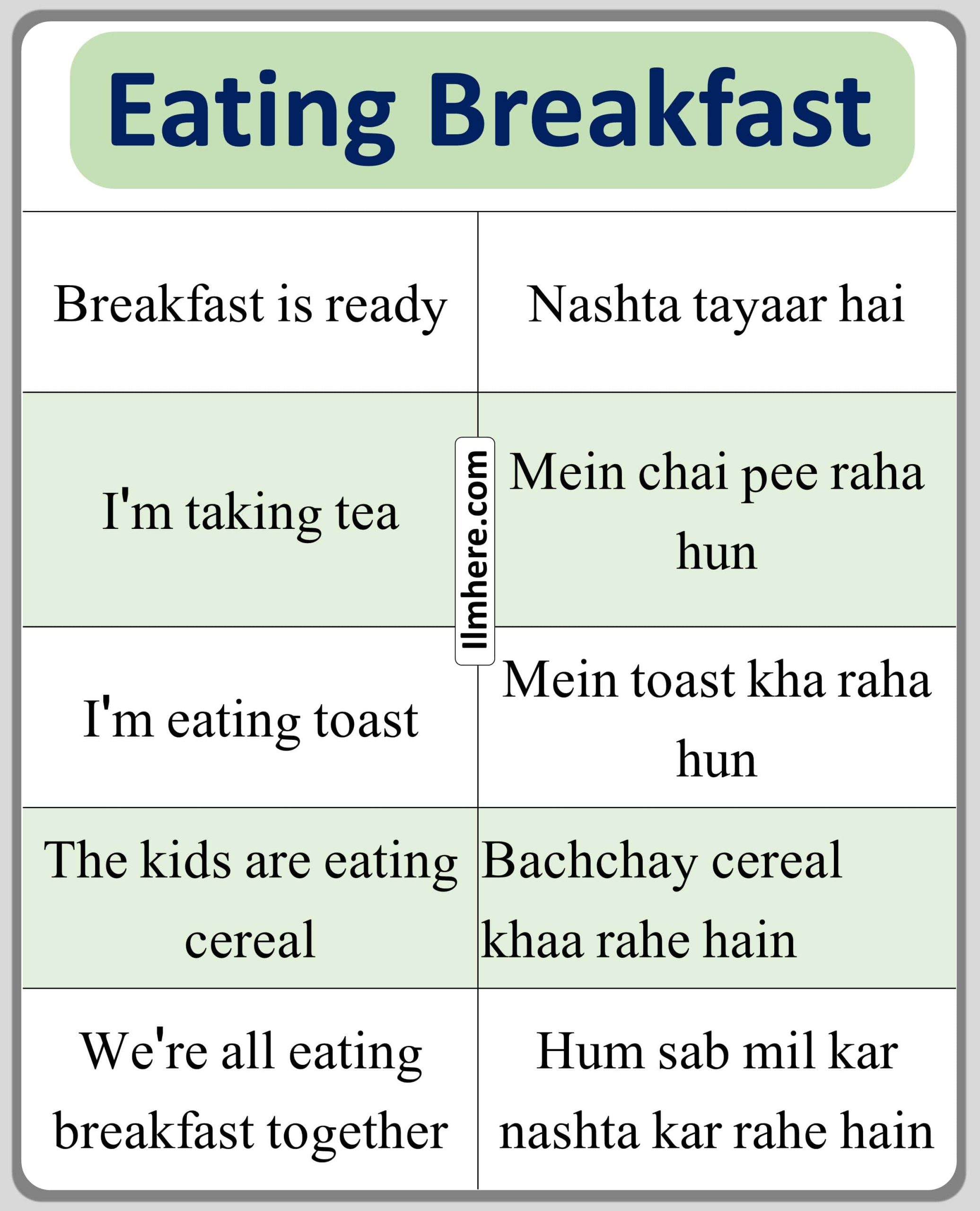 Eating Breakfast Urdu to English Sentences for Household Chore