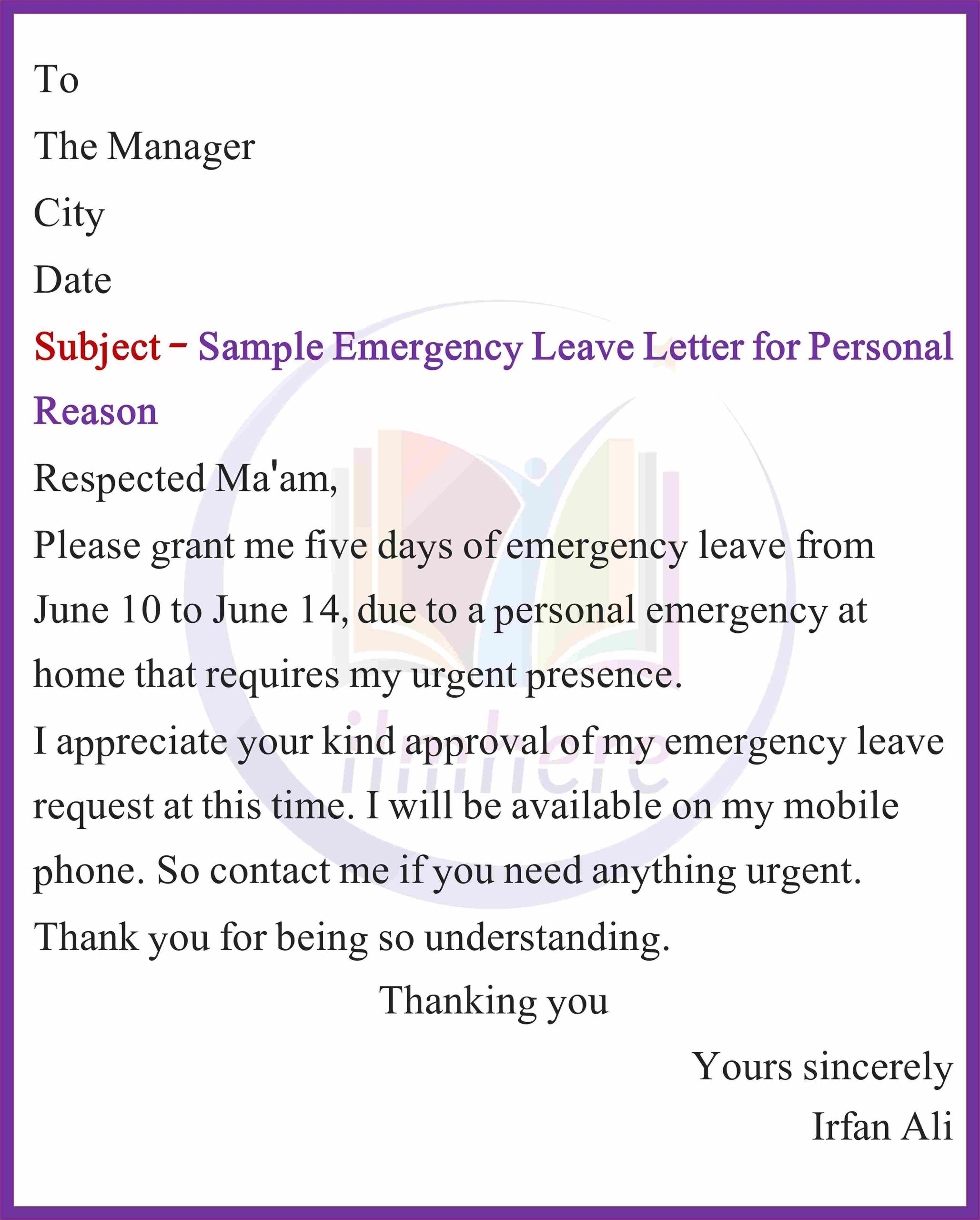 Sample Emergency Leave Letter for Personal Reasons (office) 