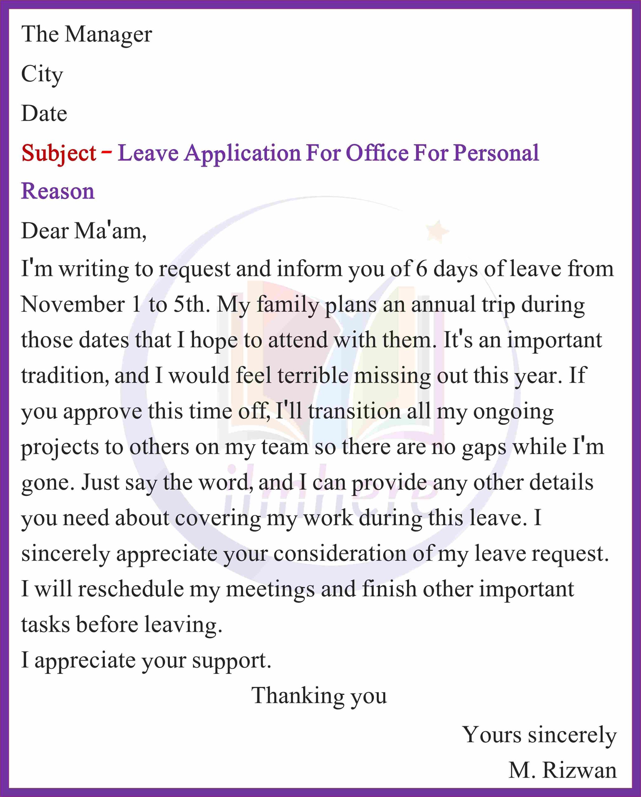 Leave Application for Office for Personal Reason 