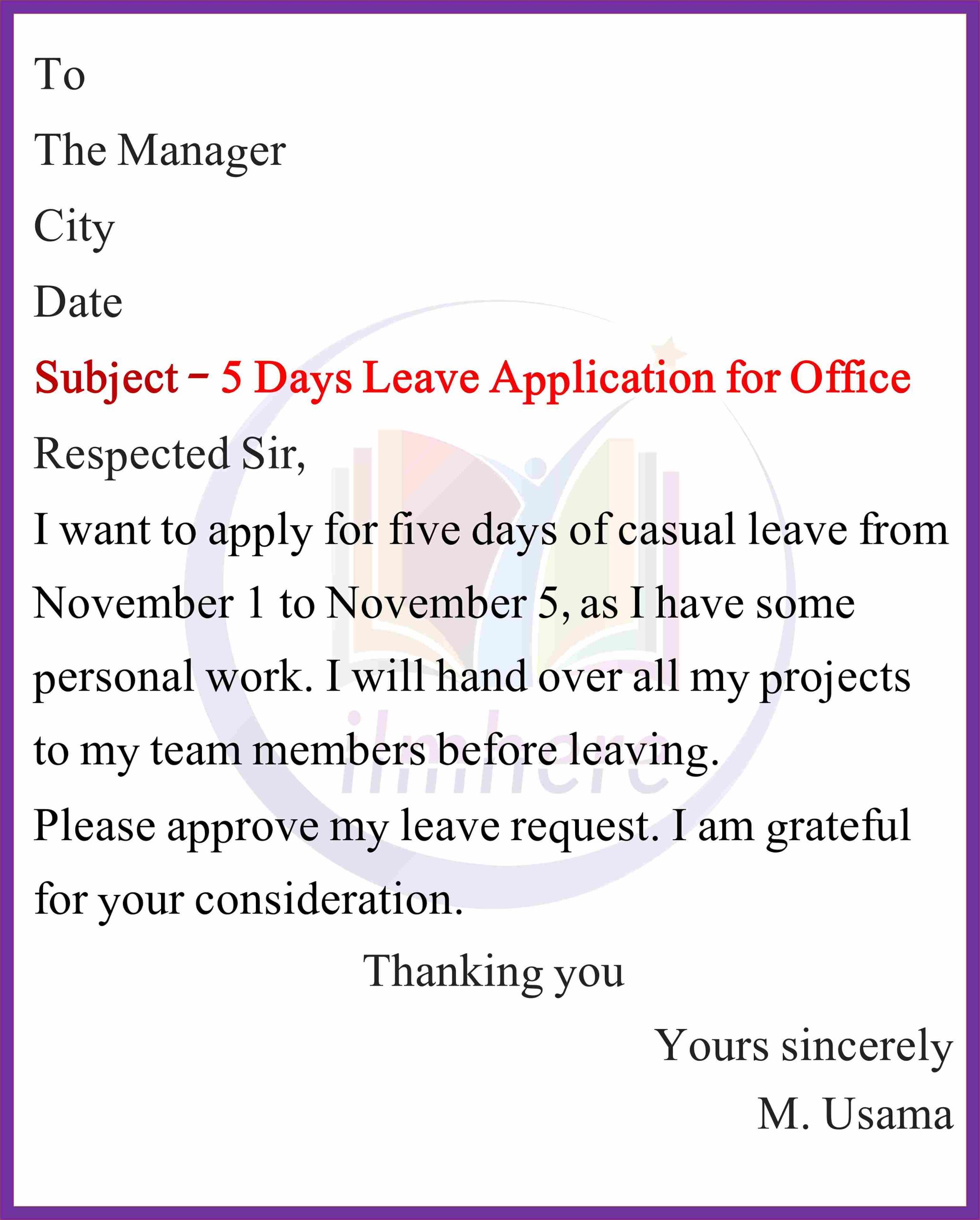 5 Days Leave Application for Office 
