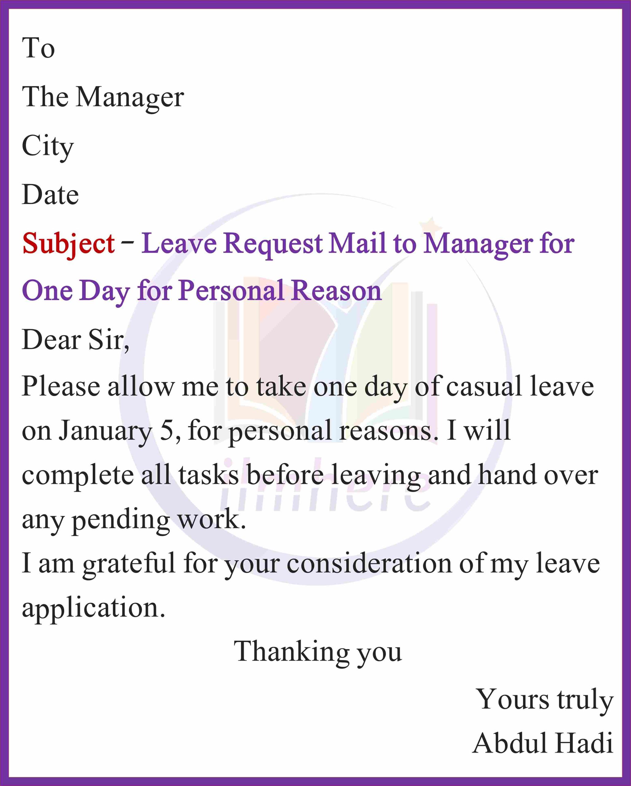 Leave Request Mail to Manager for One Day for Personal Reason  