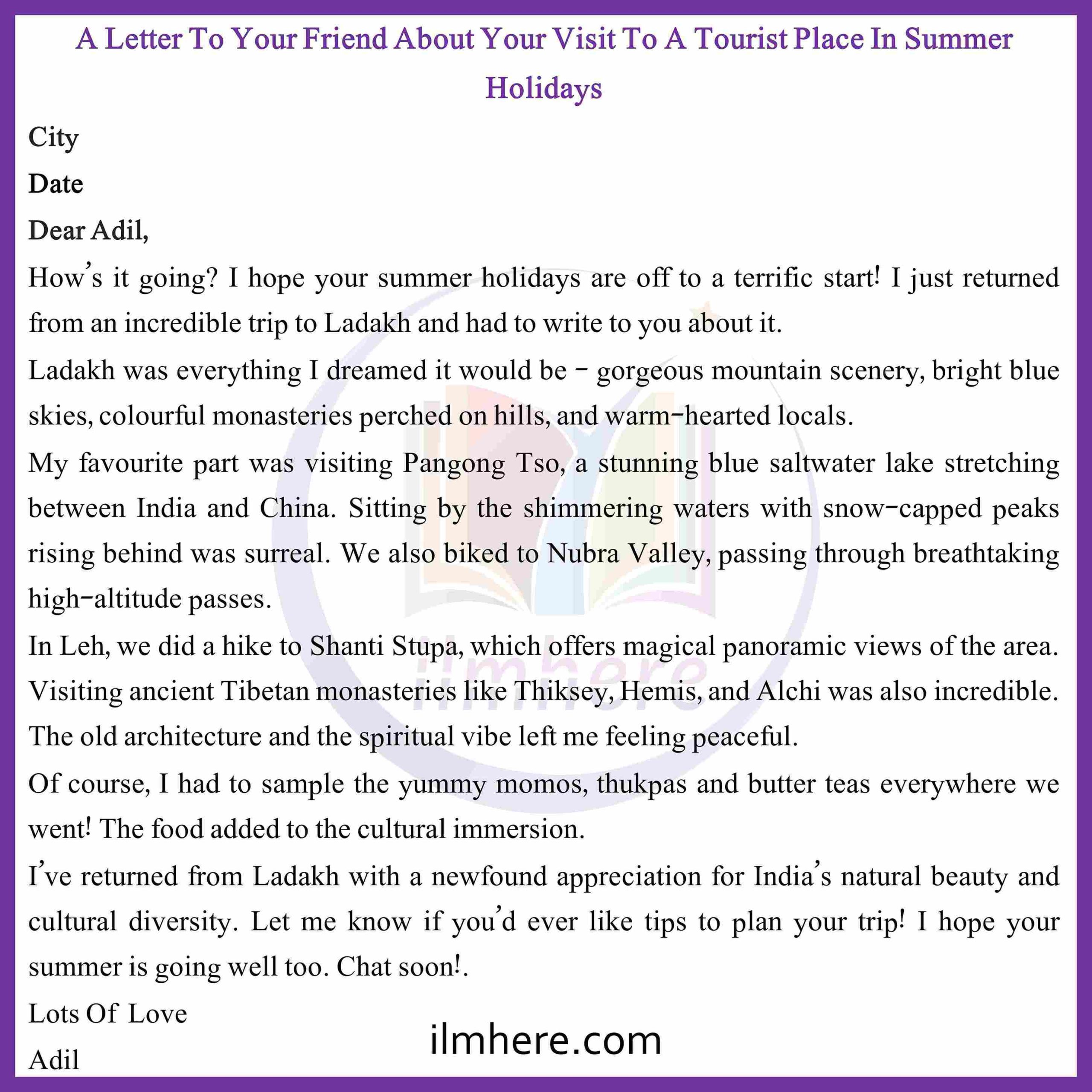 How to Write A Letter To Your Friend About Your Visit To A Tourist Place In Summer Holidays