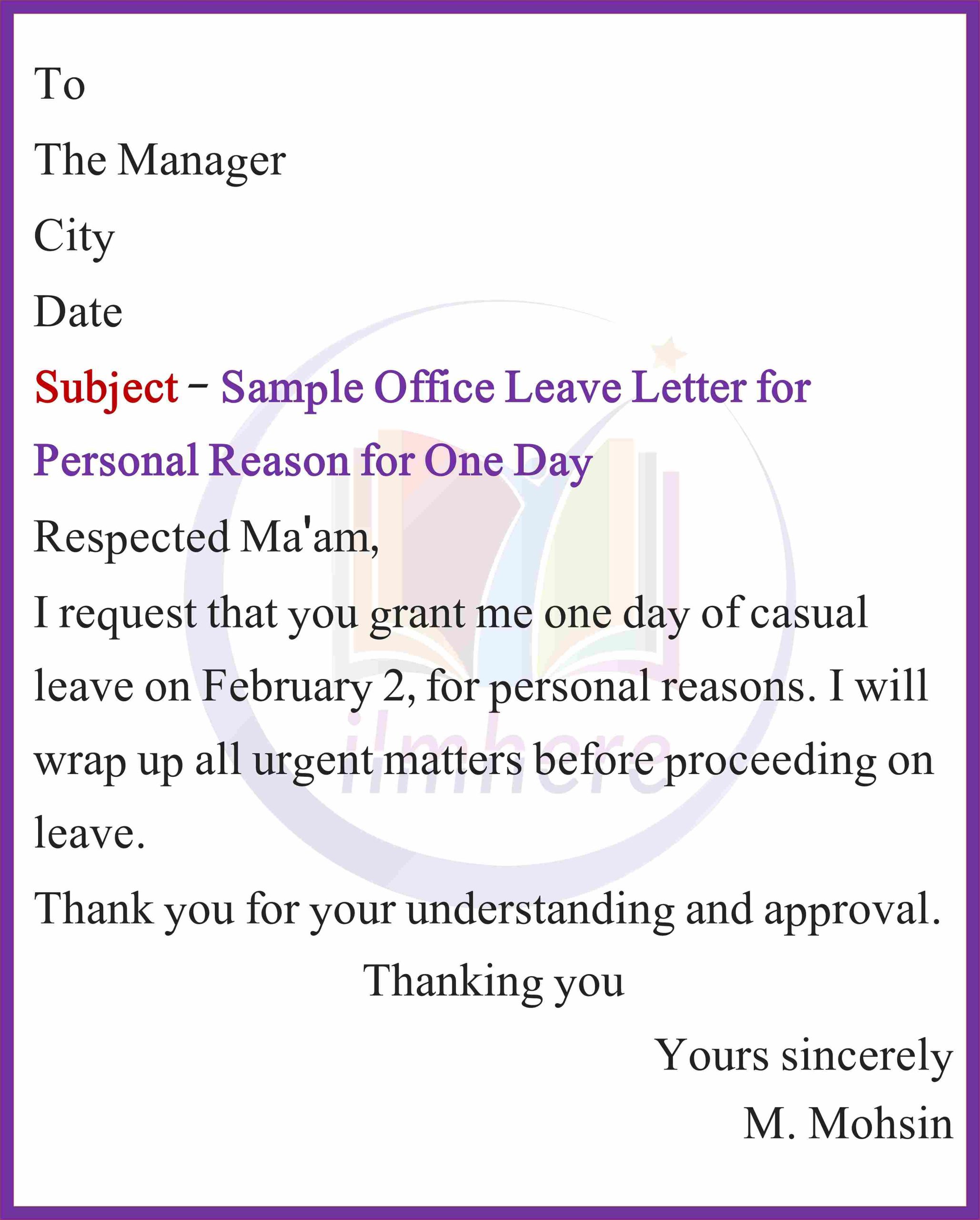 Sample Leave Letter for Personal Reason for One Day