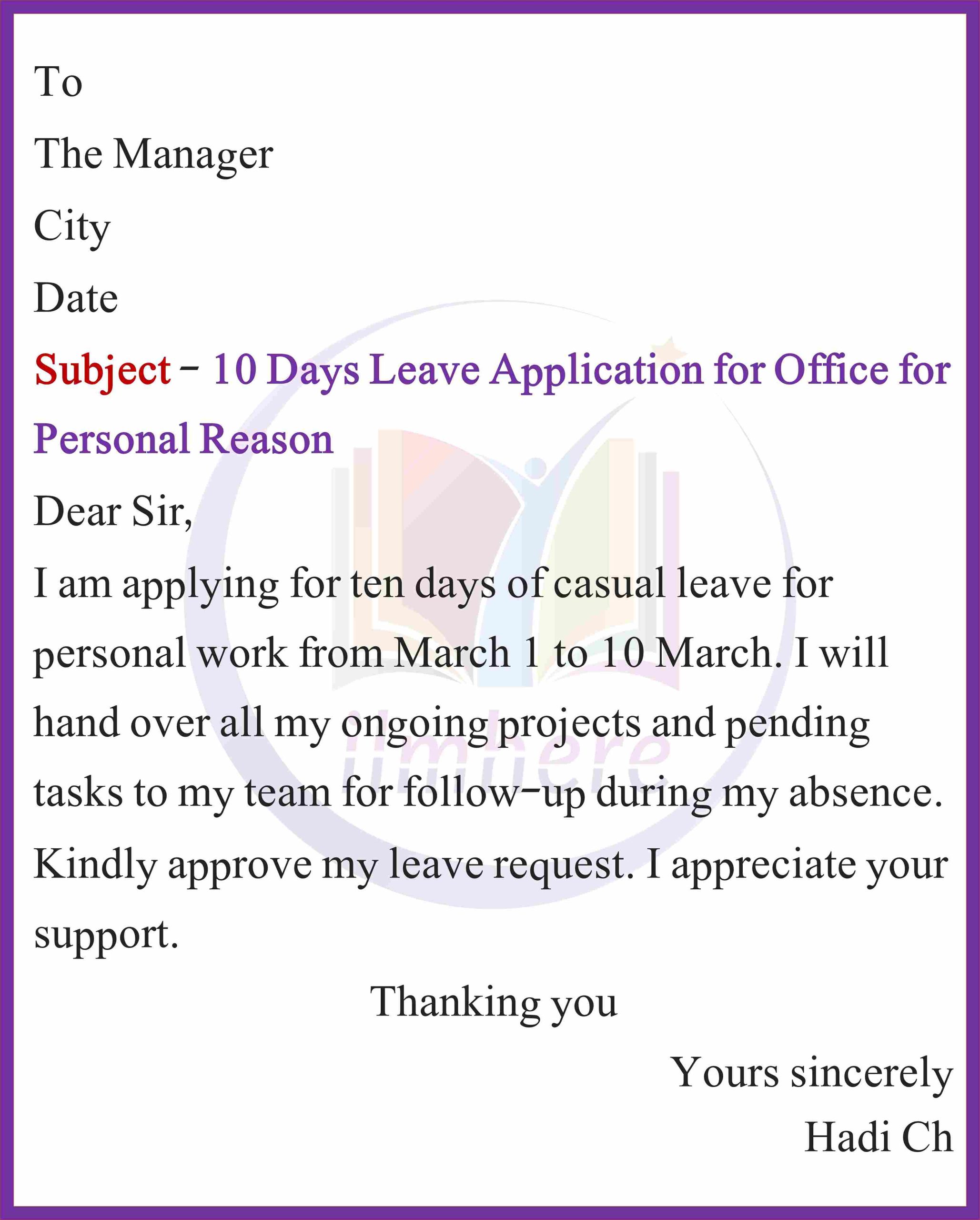 10 Days Leave Application for Office for Personal Reason
