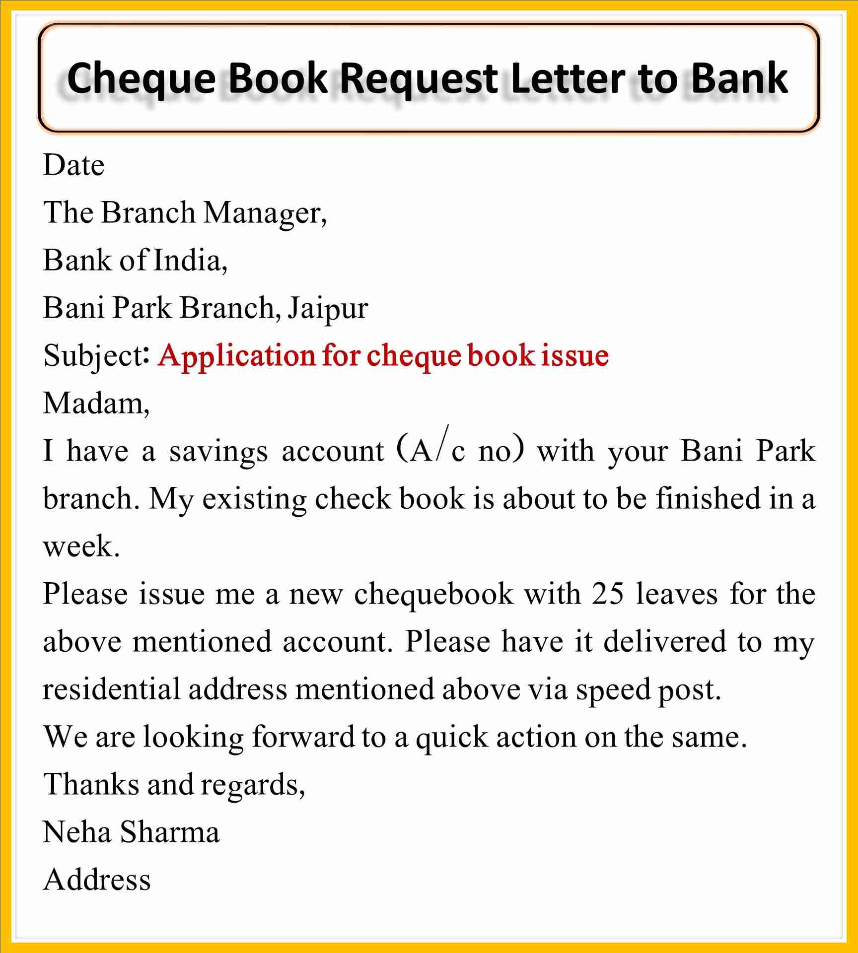 Application for Cheque Book Issue in English
