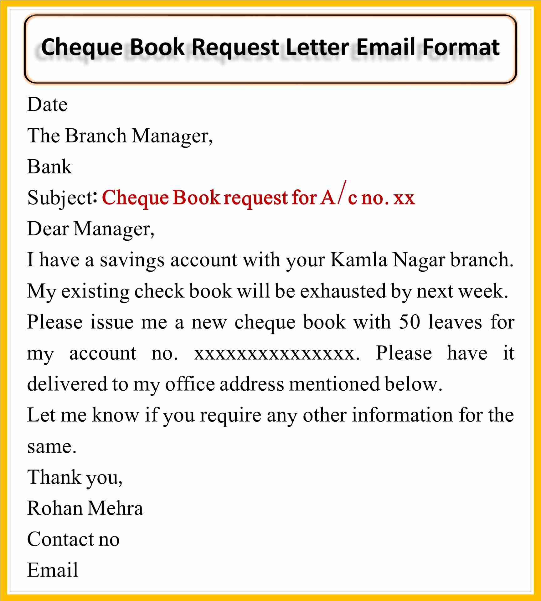 Cheque Book Request Letter Email Format in English