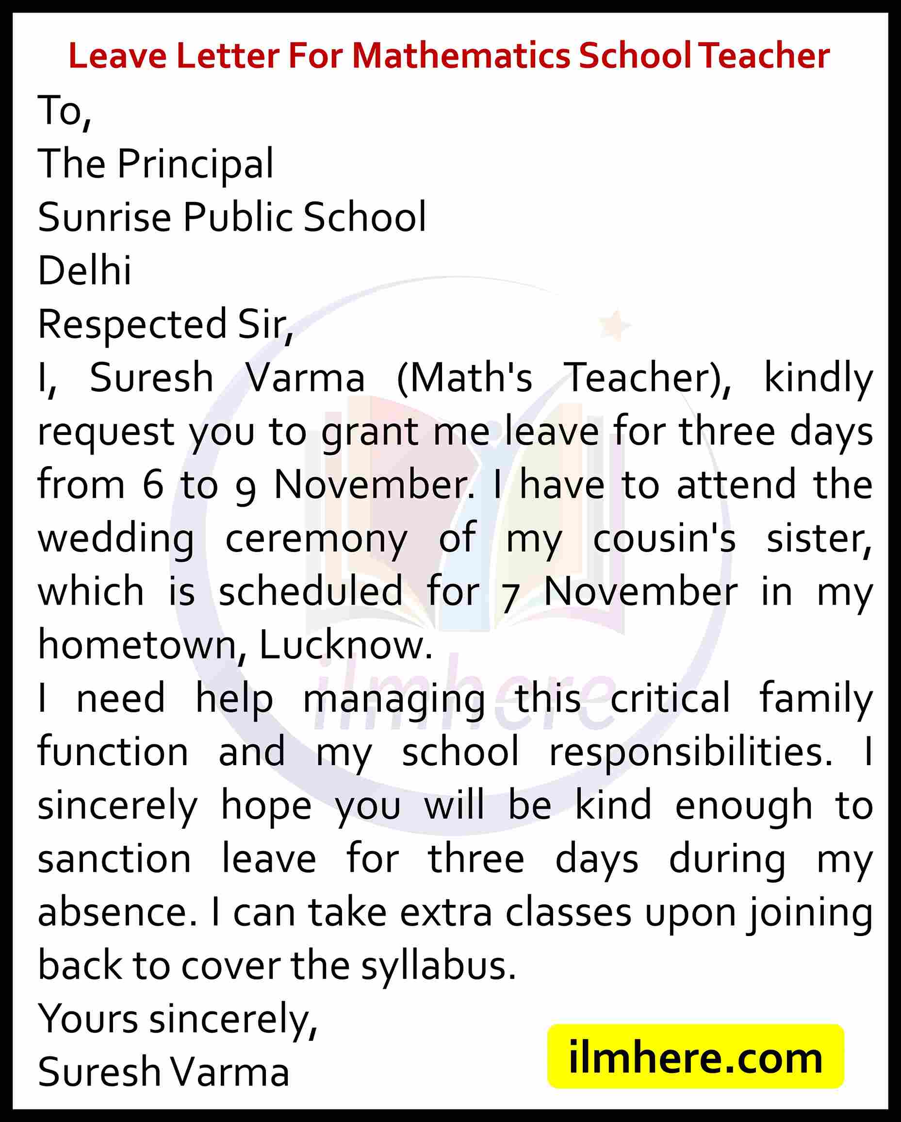 Leave Letter For Mathematics School Teacher