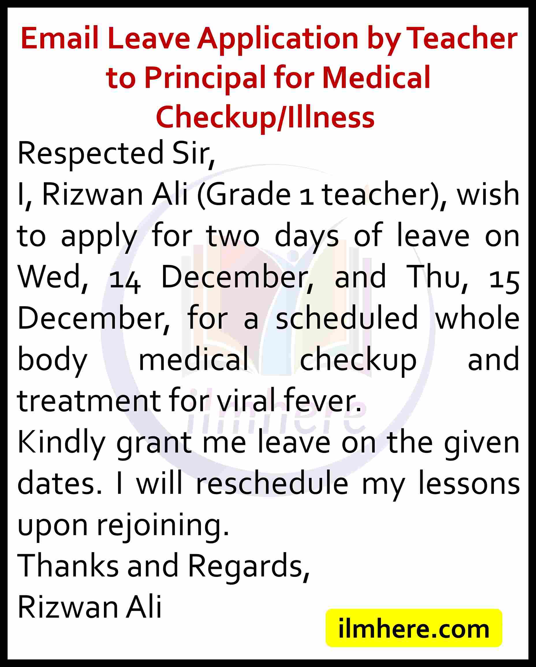 Email Leave Application by Teacher to Principal for Medical Checkup/Illness 