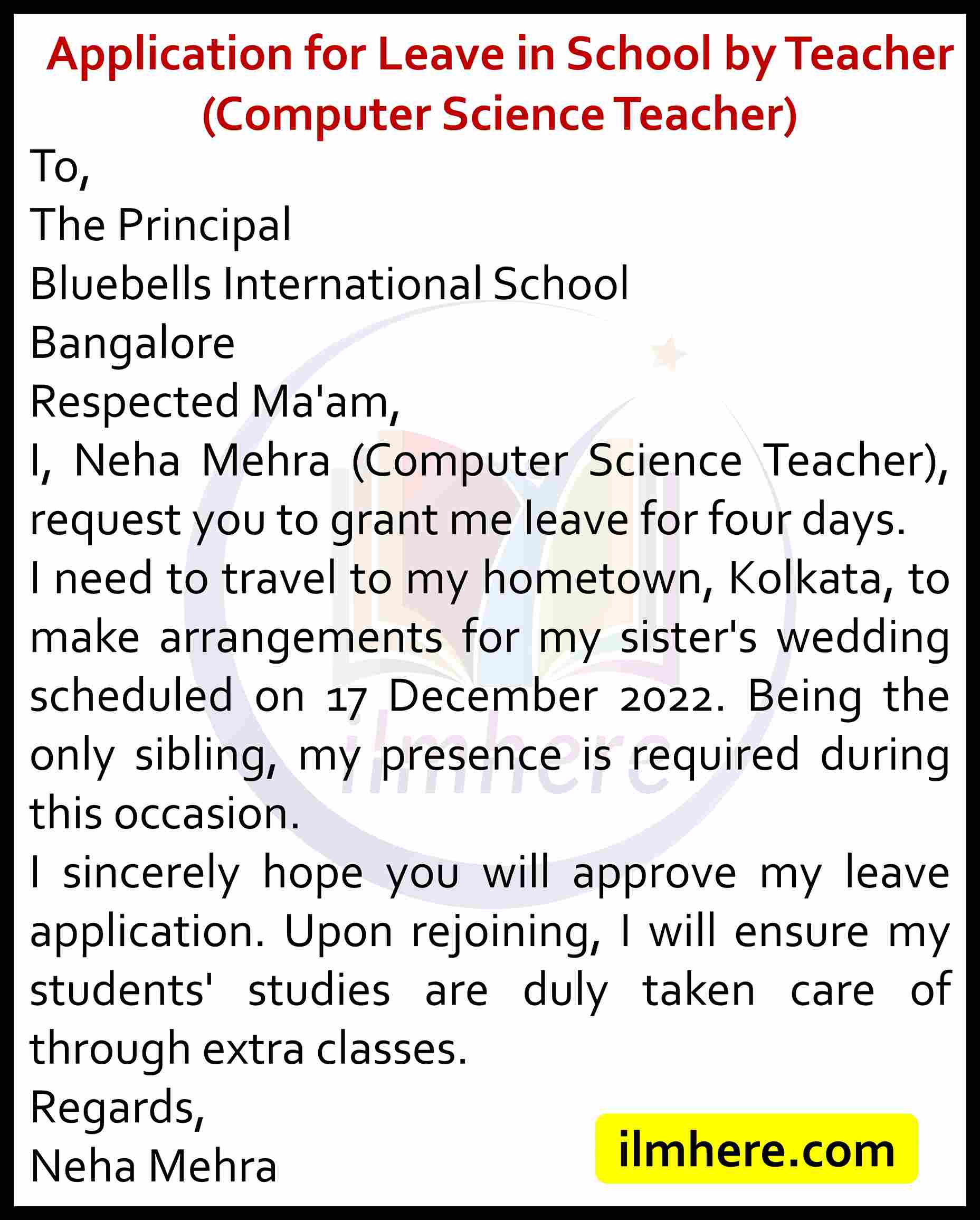 Application for Leave in School by Teacher (Computer Science Teacher)