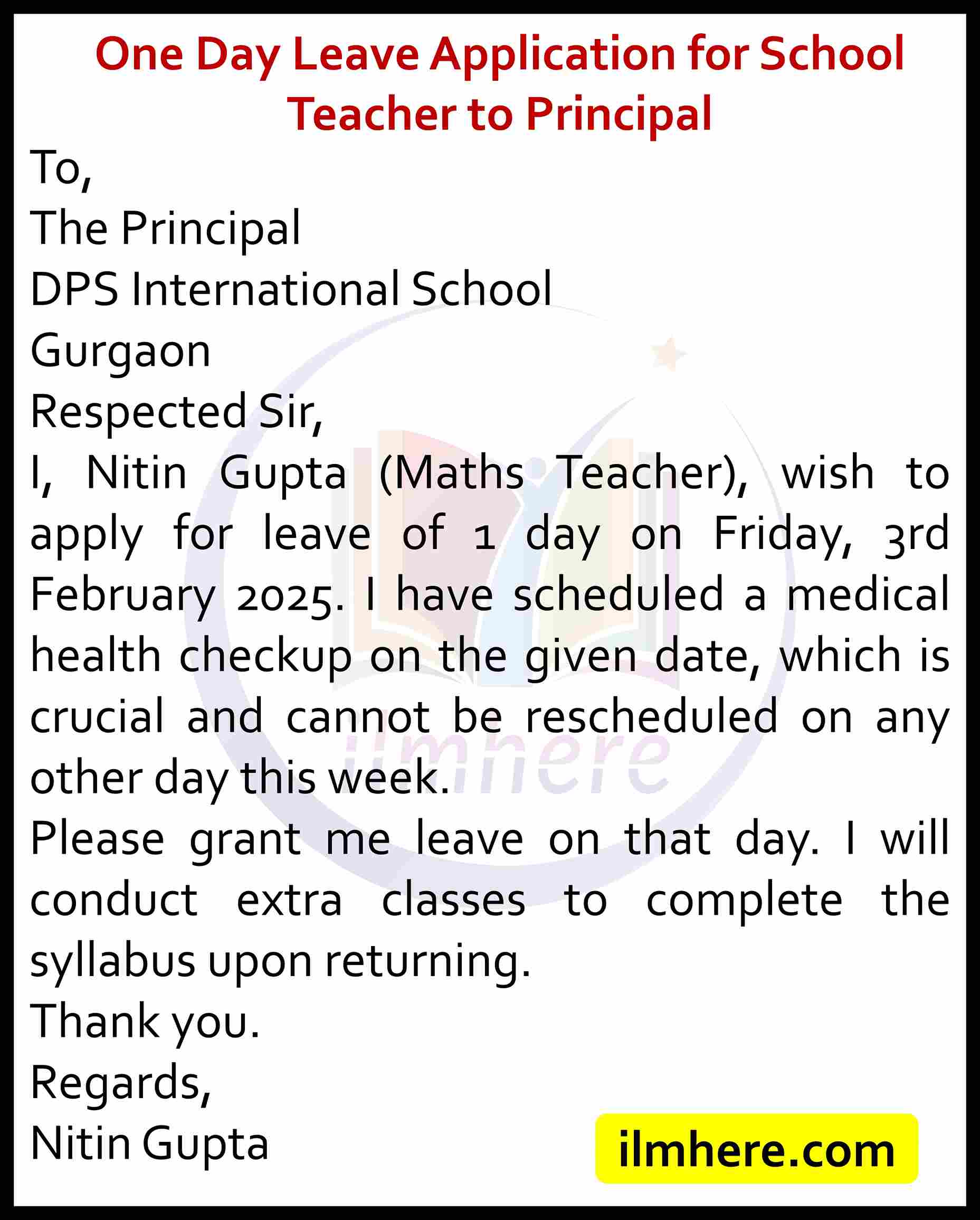 One Day Leave Application for School Teacher to Principal