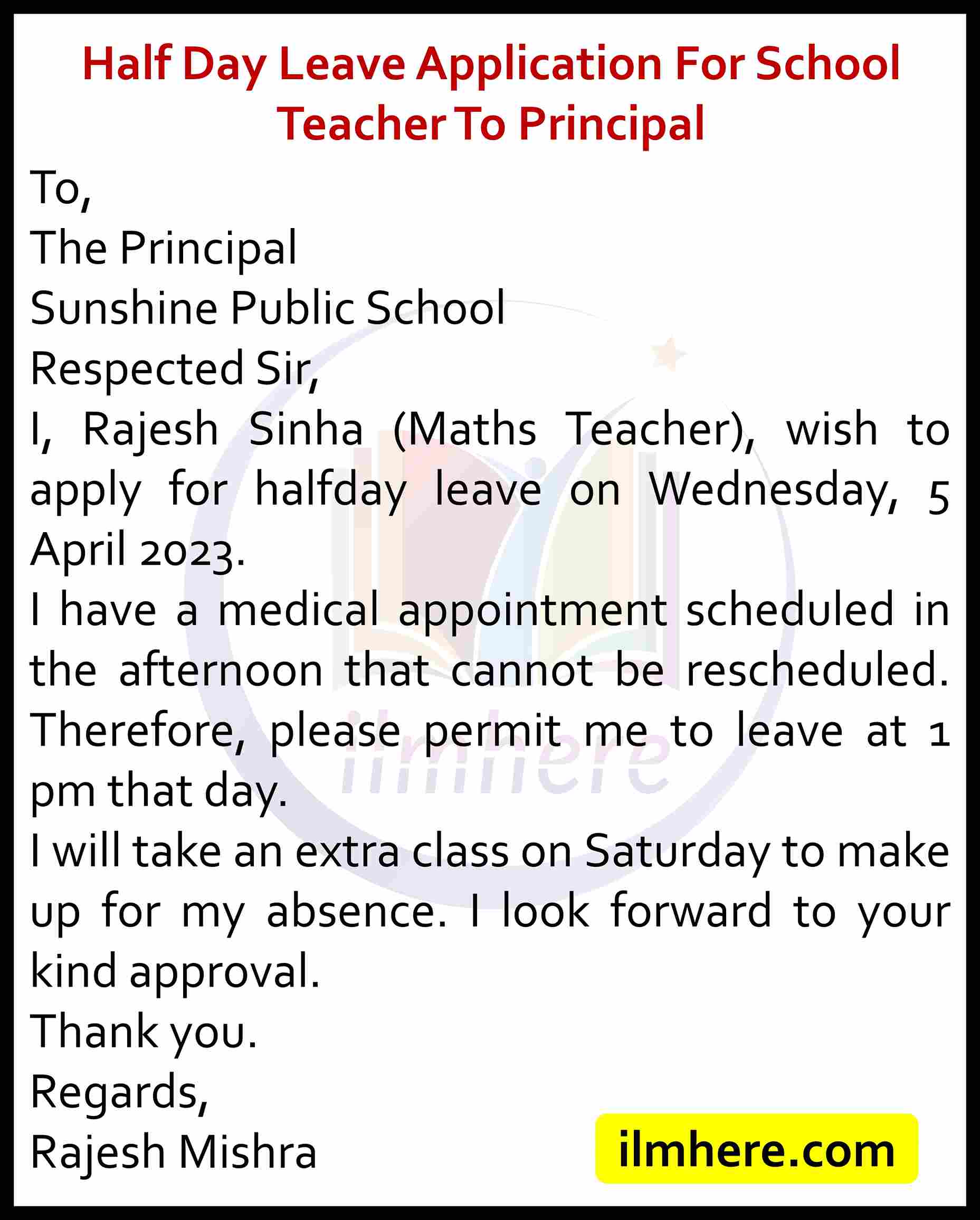 Half Day Leave Application For School Teacher To Principal