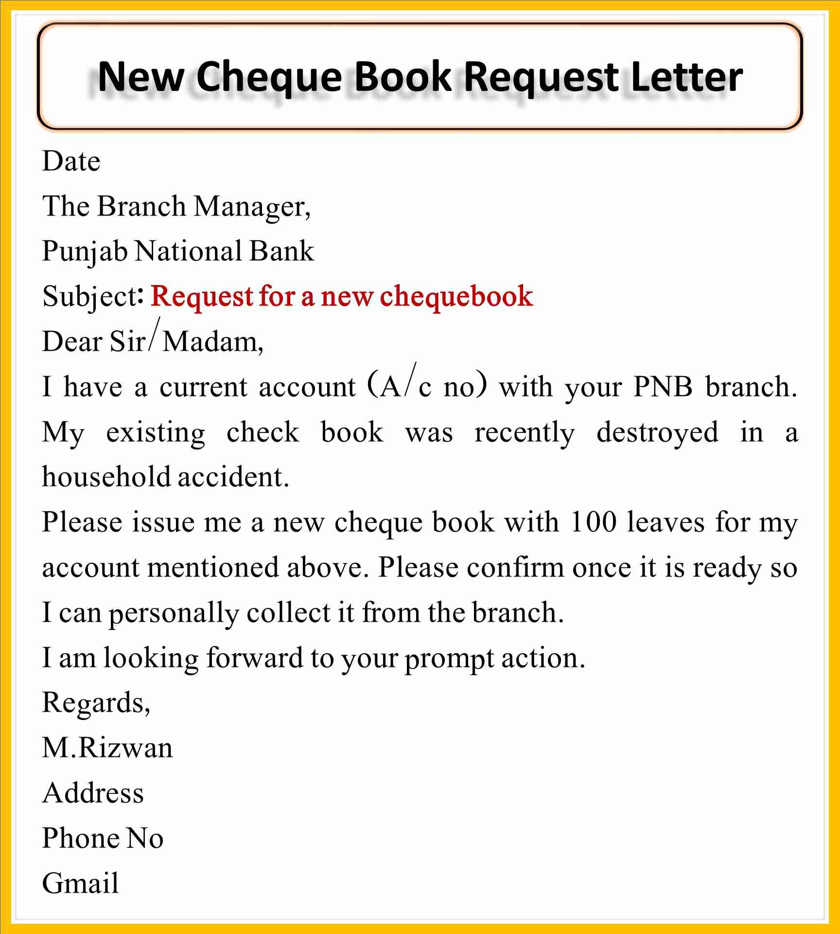 New Cheque Book Request Letter in English