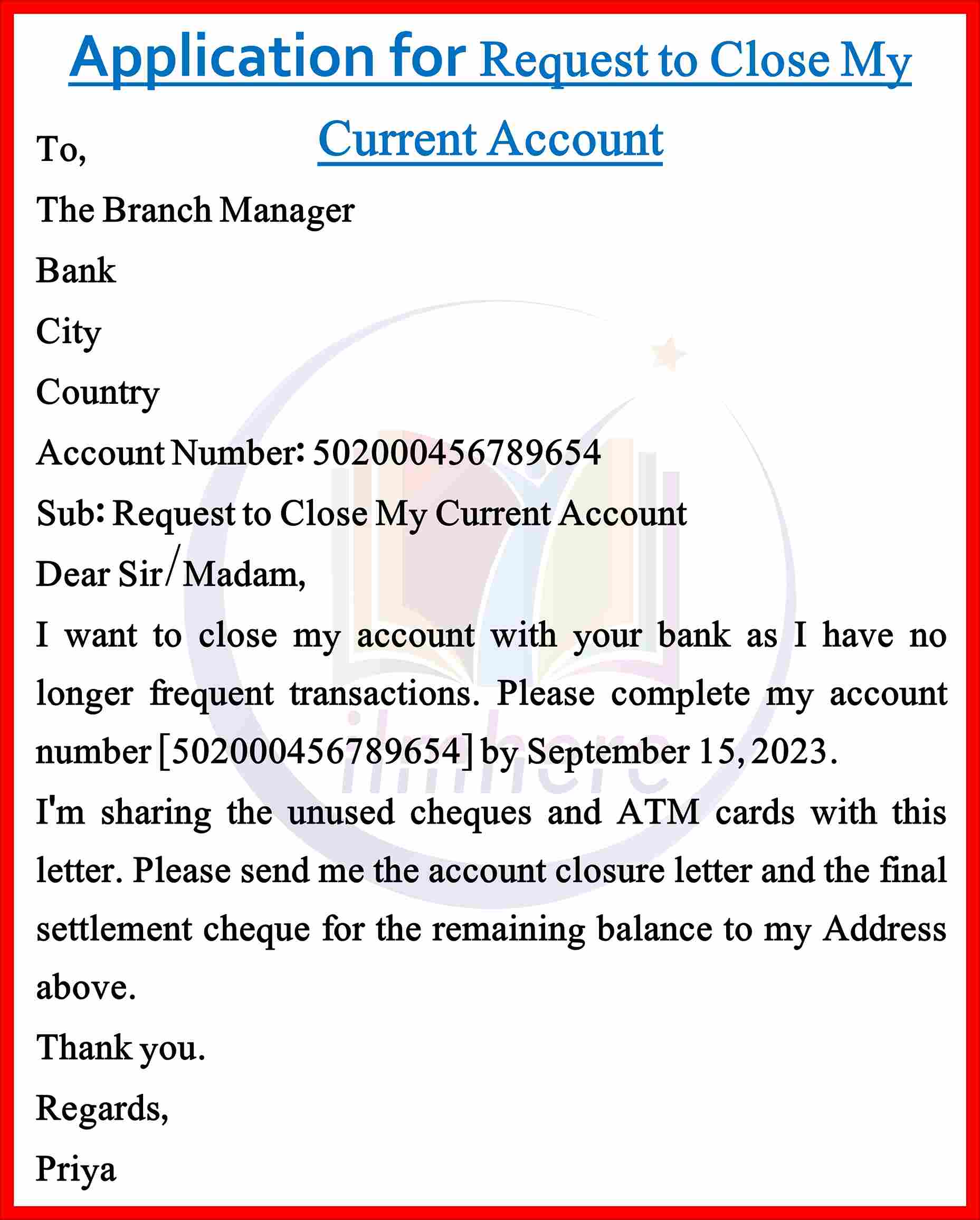 11+ Application for Closing Bank Account in English