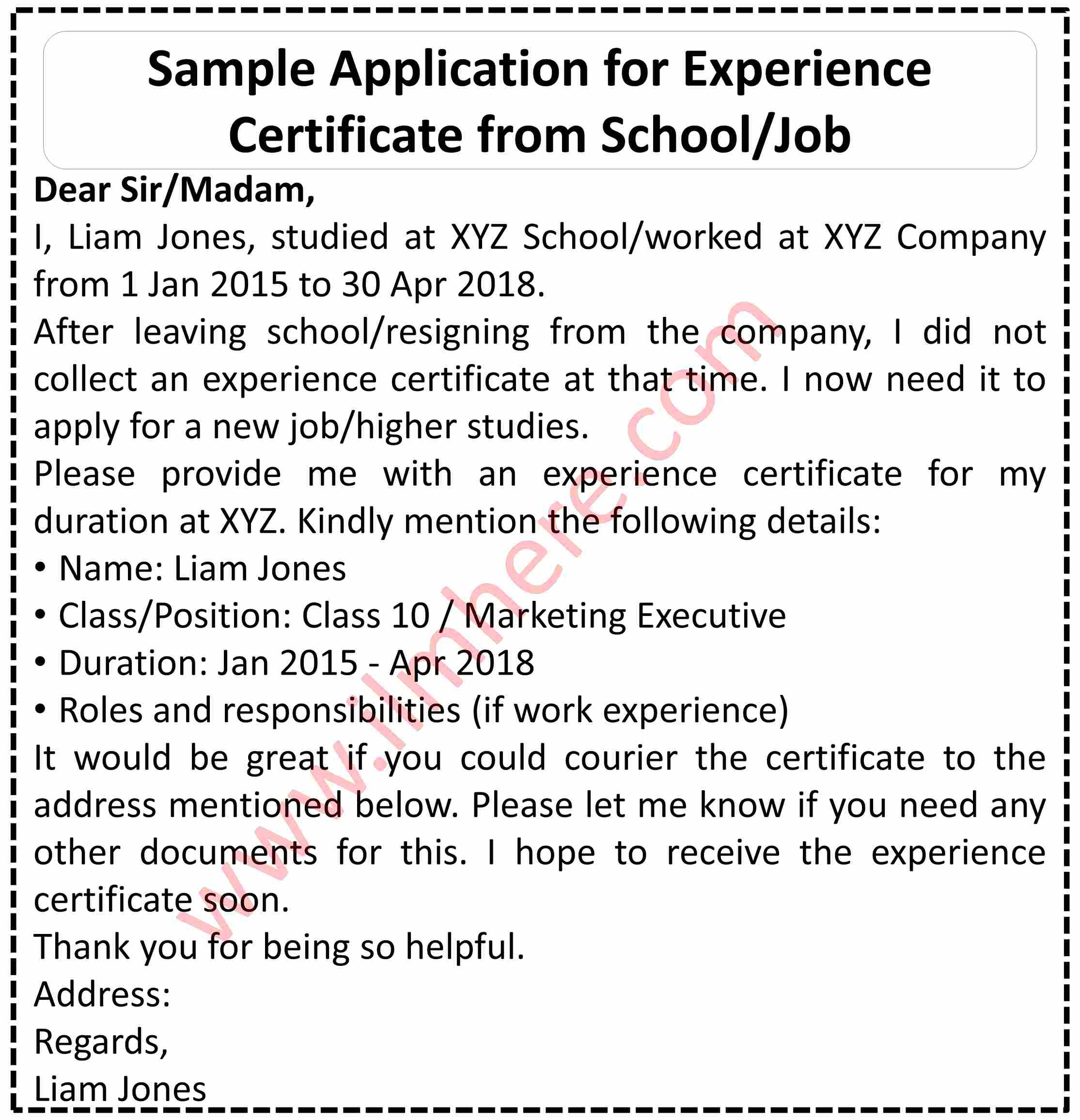 Application for Experience Certificate from School/Job