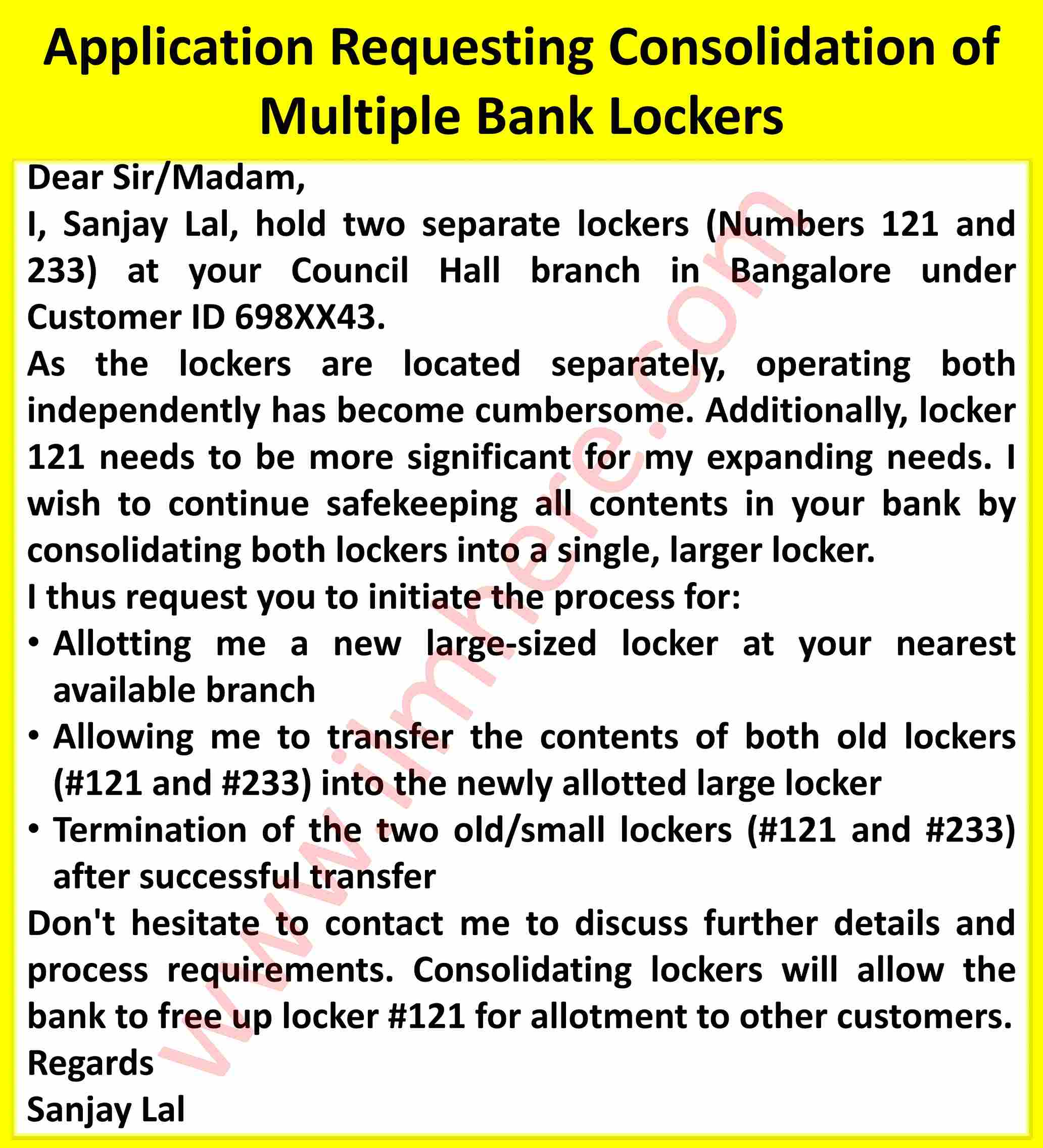 Application Requesting Consolidation of Multiple Bank Lockers