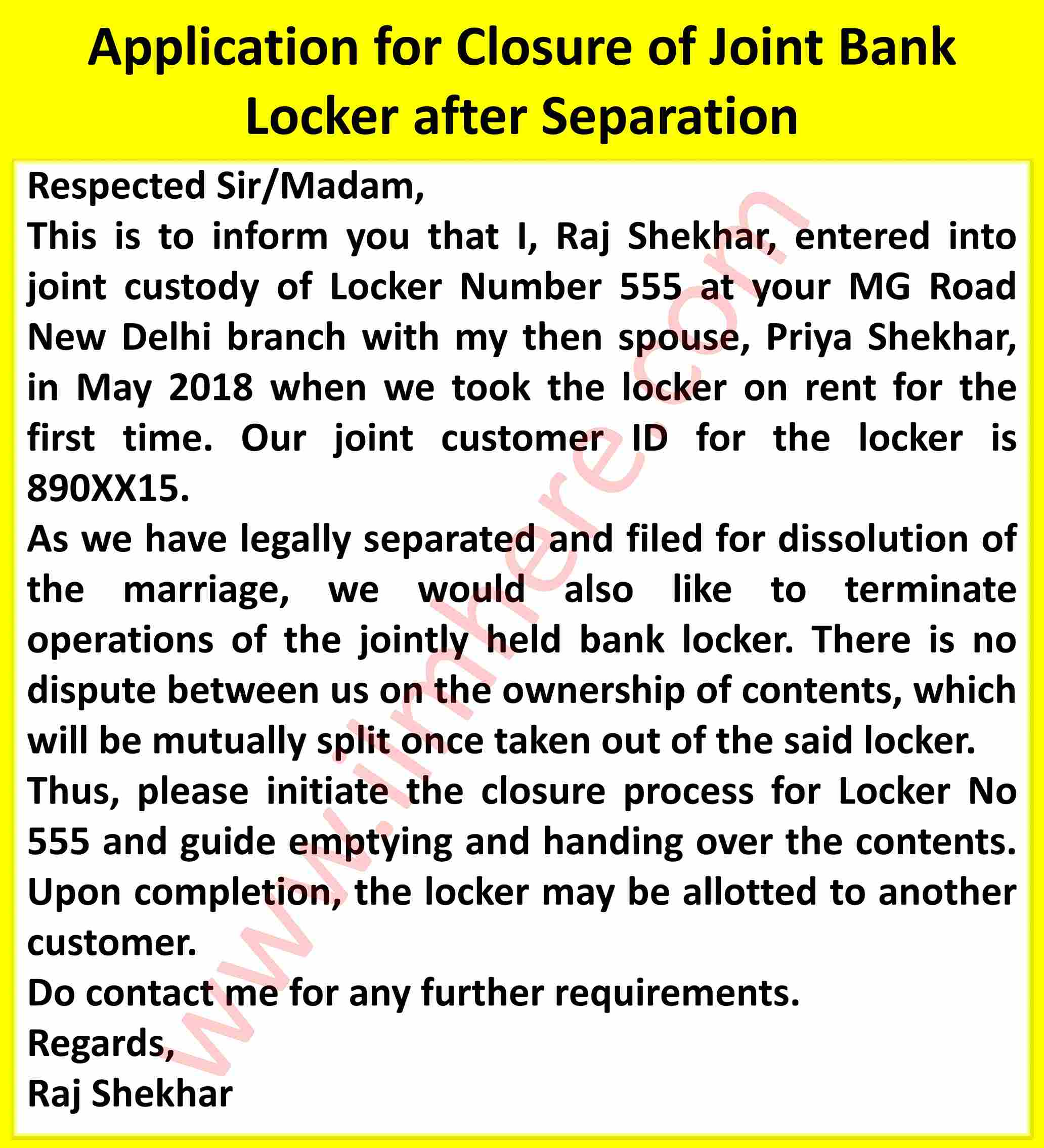 Application for Closure of Joint Bank Locker after Separation