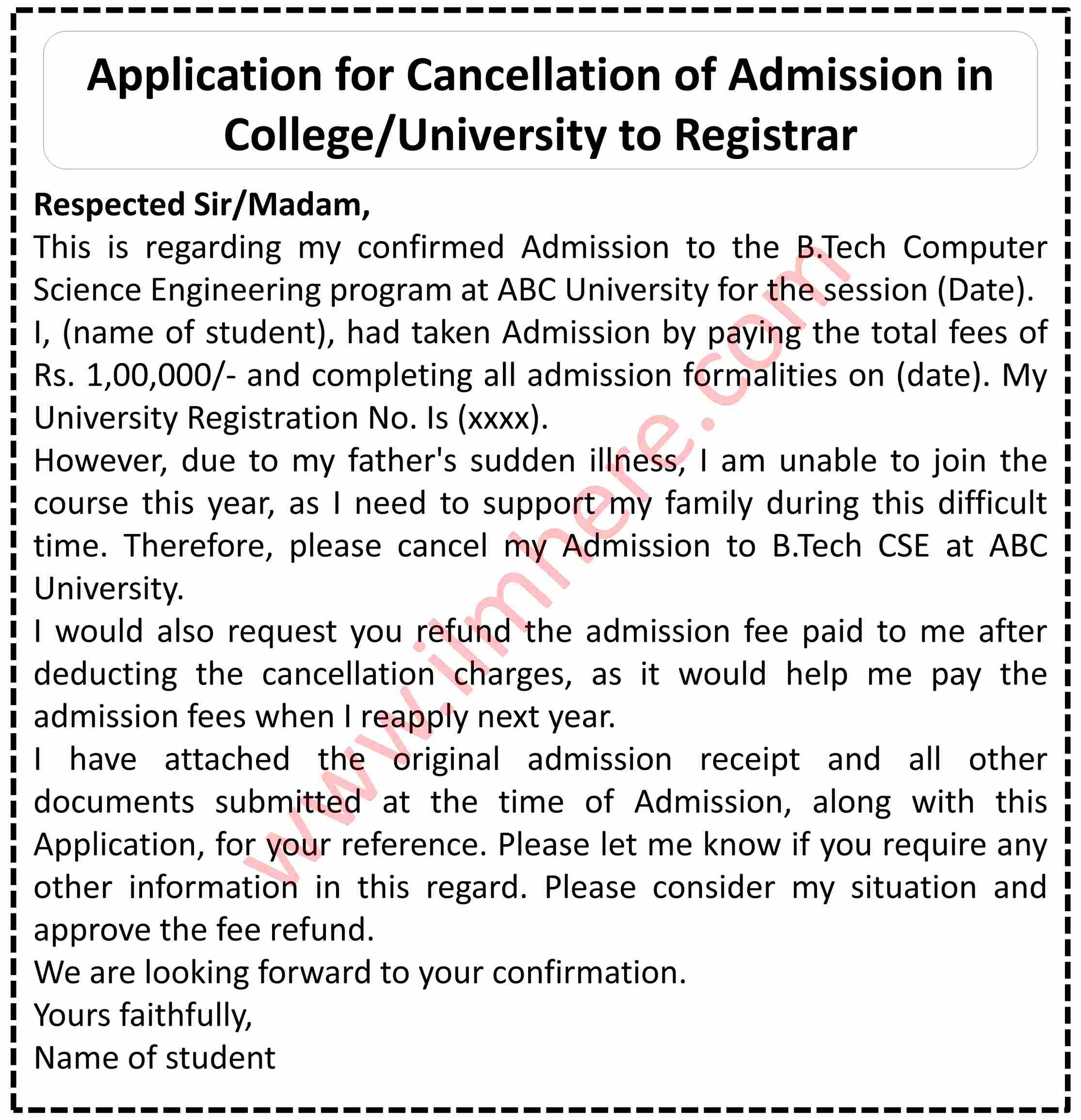 Application for Cancellation of Admission in College University to Registrar