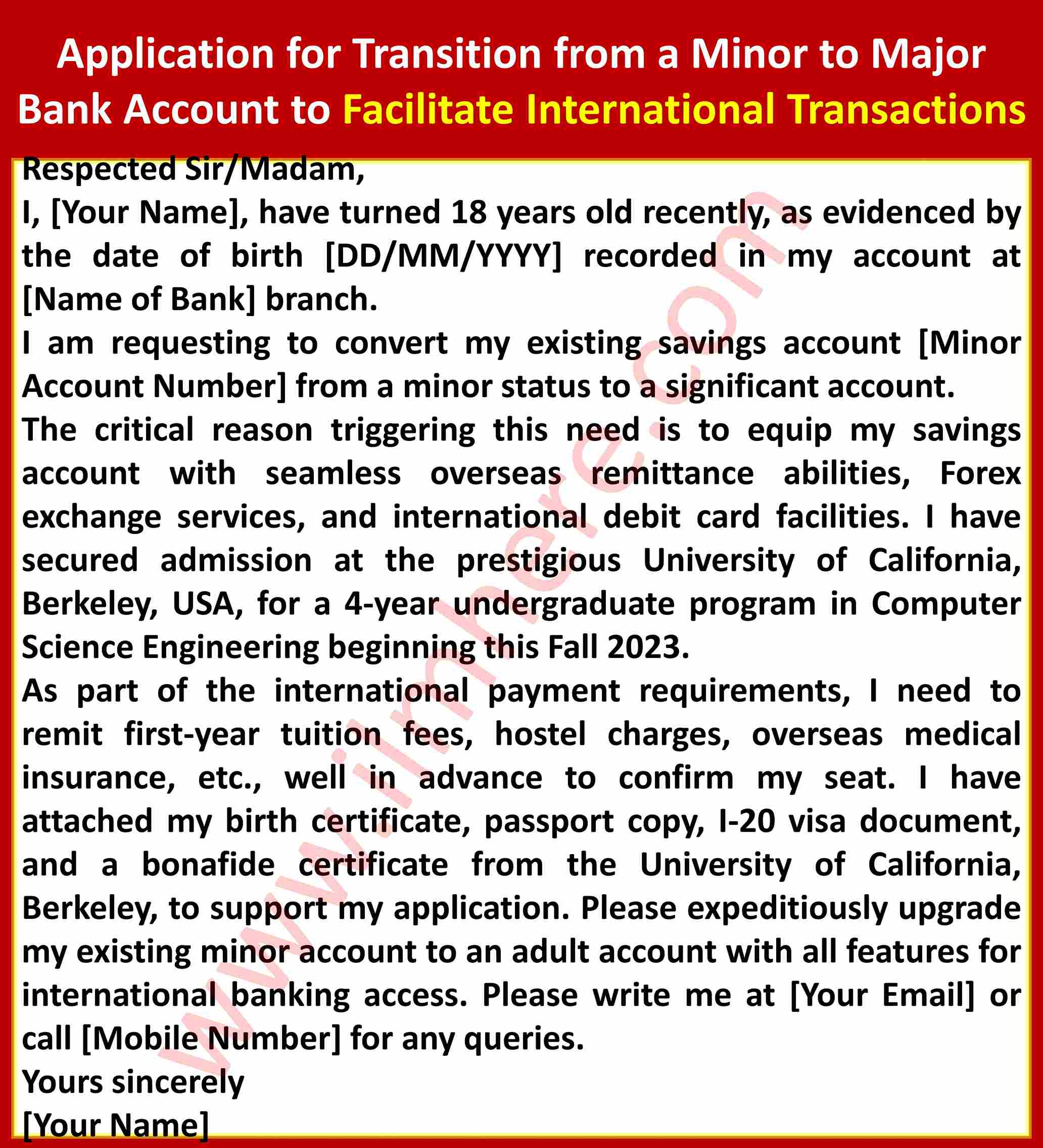 Application for Transition from a Minor to Major Bank Account to Facilitate International Transactions
