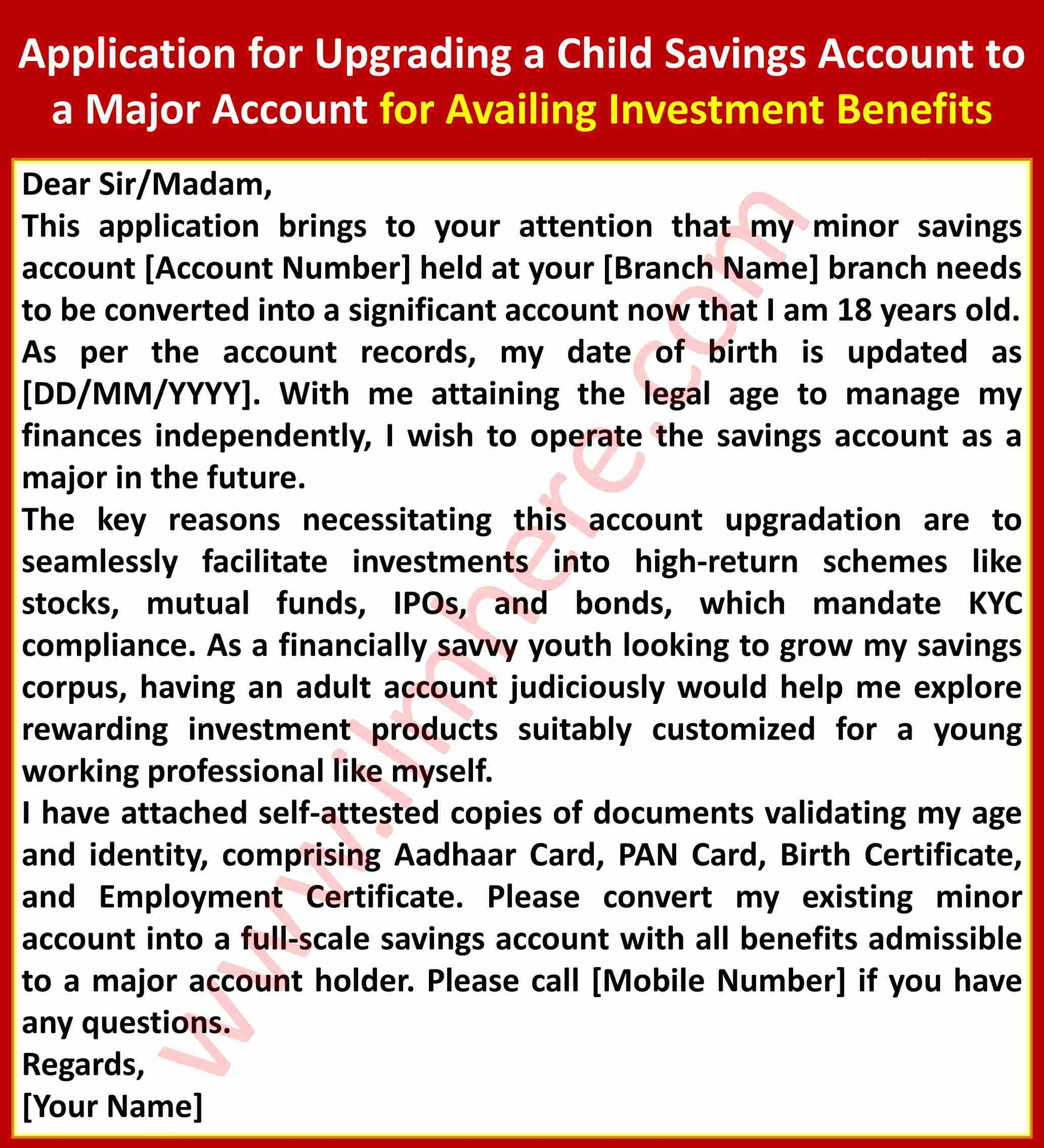 Application for Upgrading a Child Savings Account to a Major Account for Availing Investment Benefits