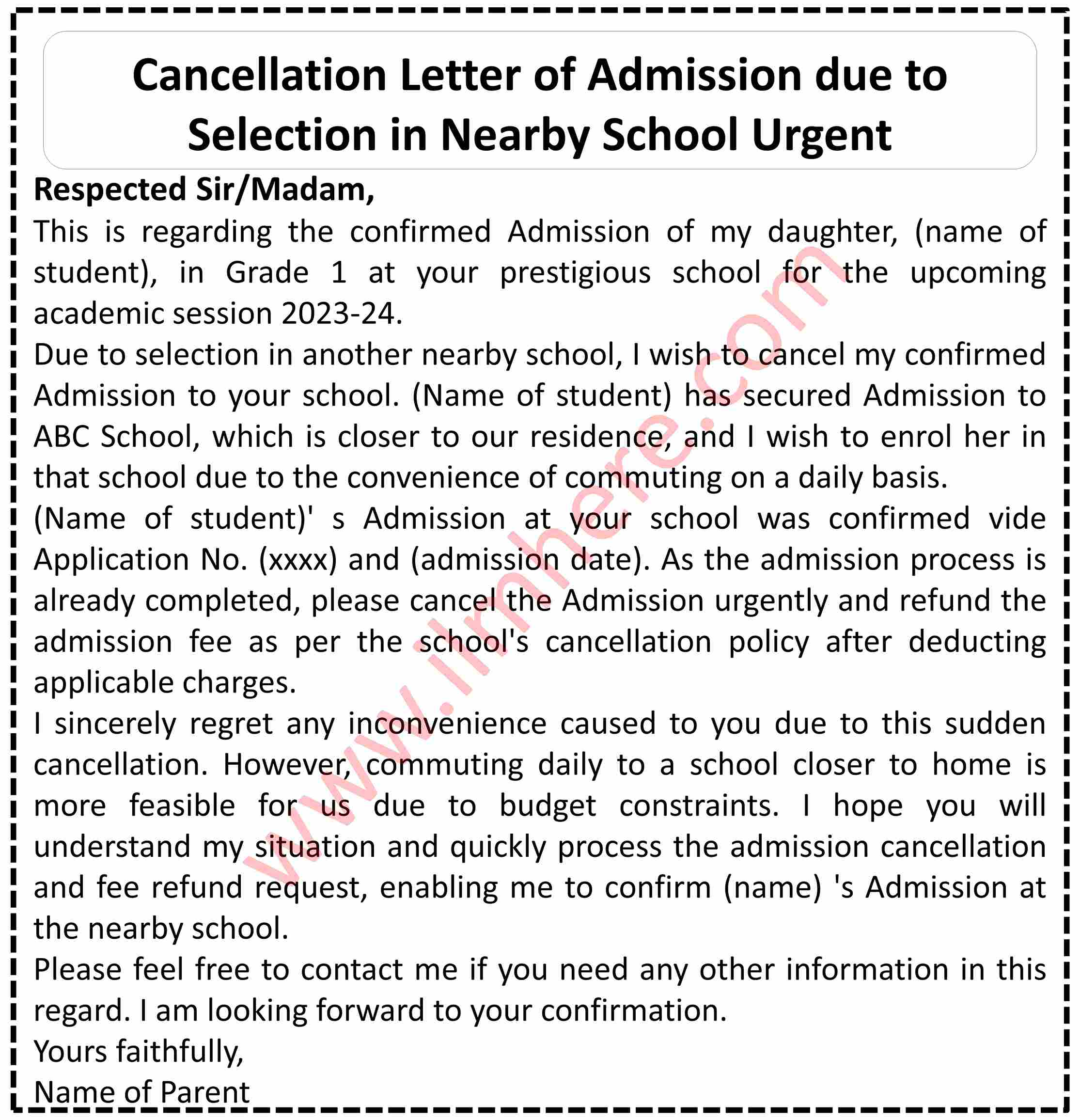 Cancellation Letter of Admission due to Selection in Nearby School Urgent