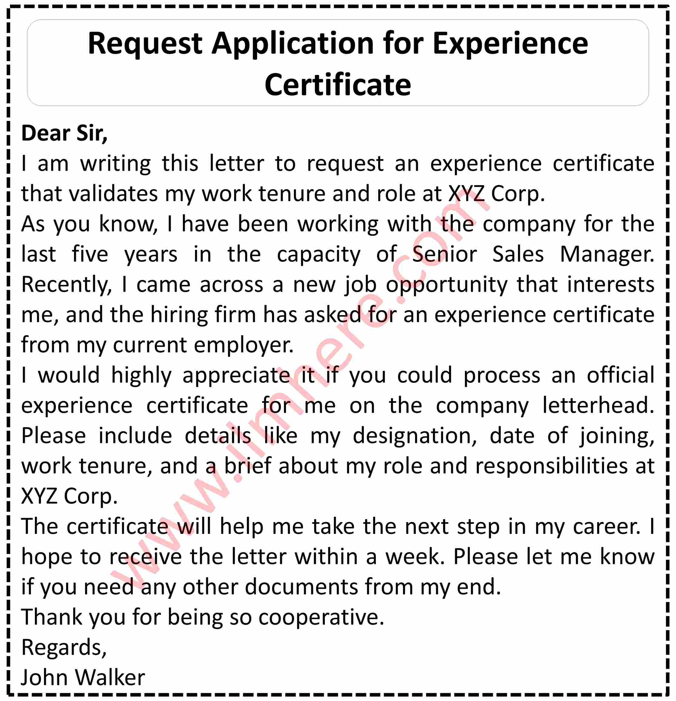 Request Application for Experience Certificate