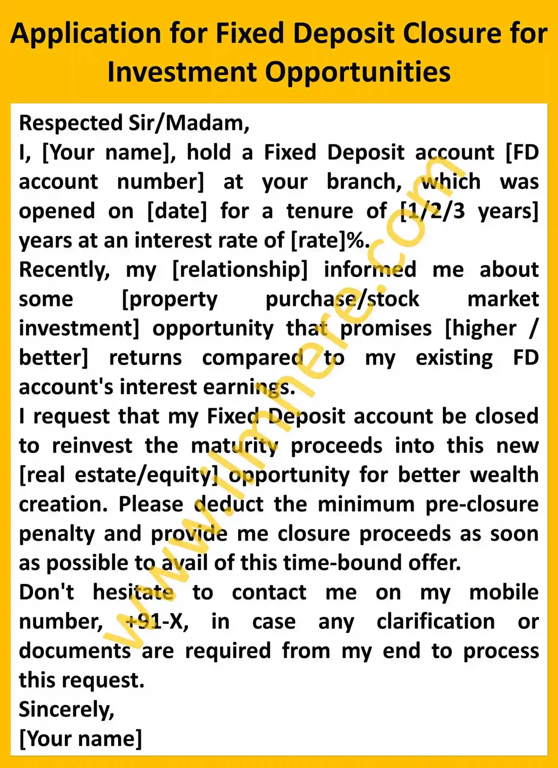 Application for Fixed Deposit Closure for Investment Opportunities