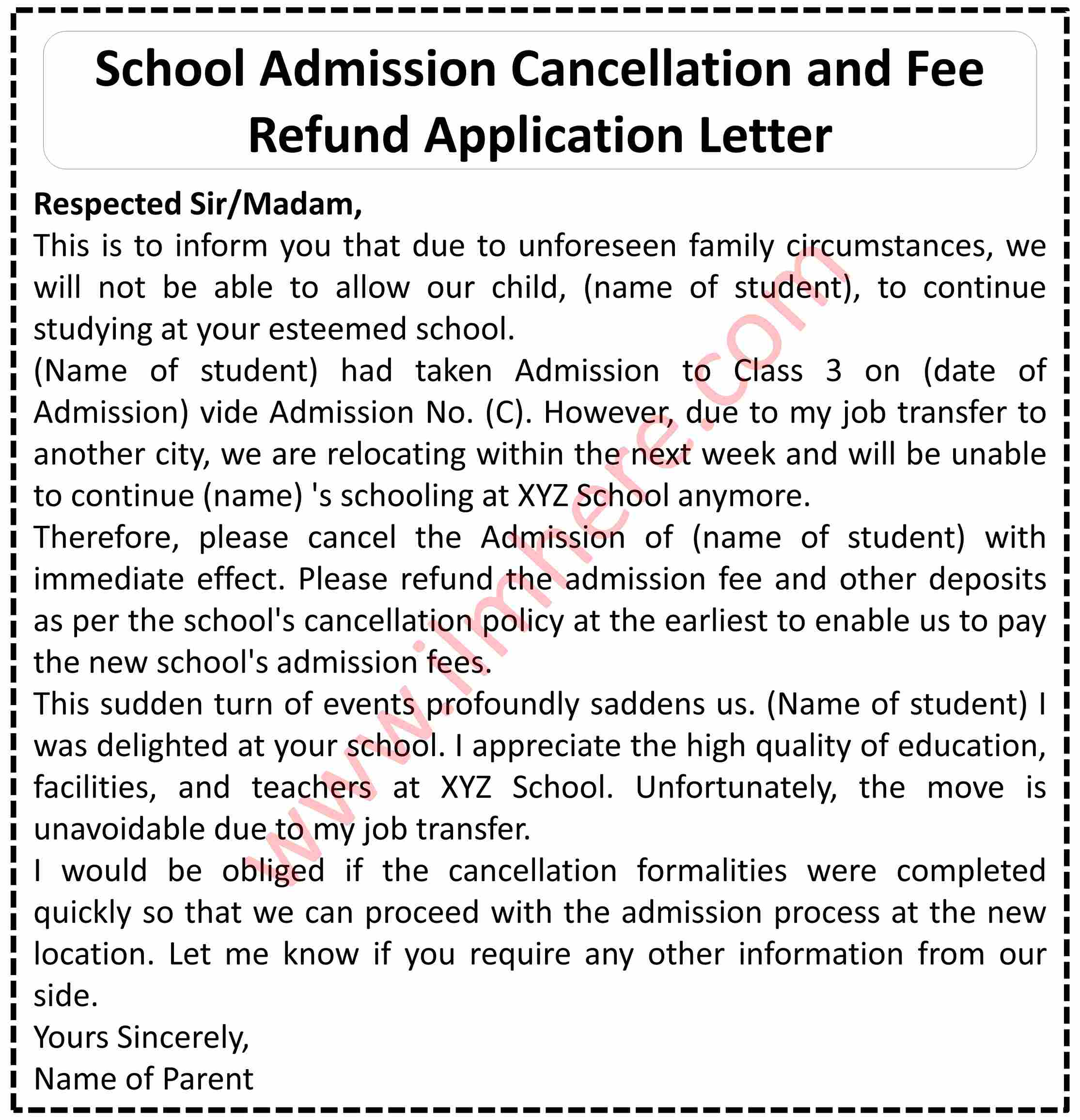 School Admission Cancellation and Fee Refund Application Letter-2