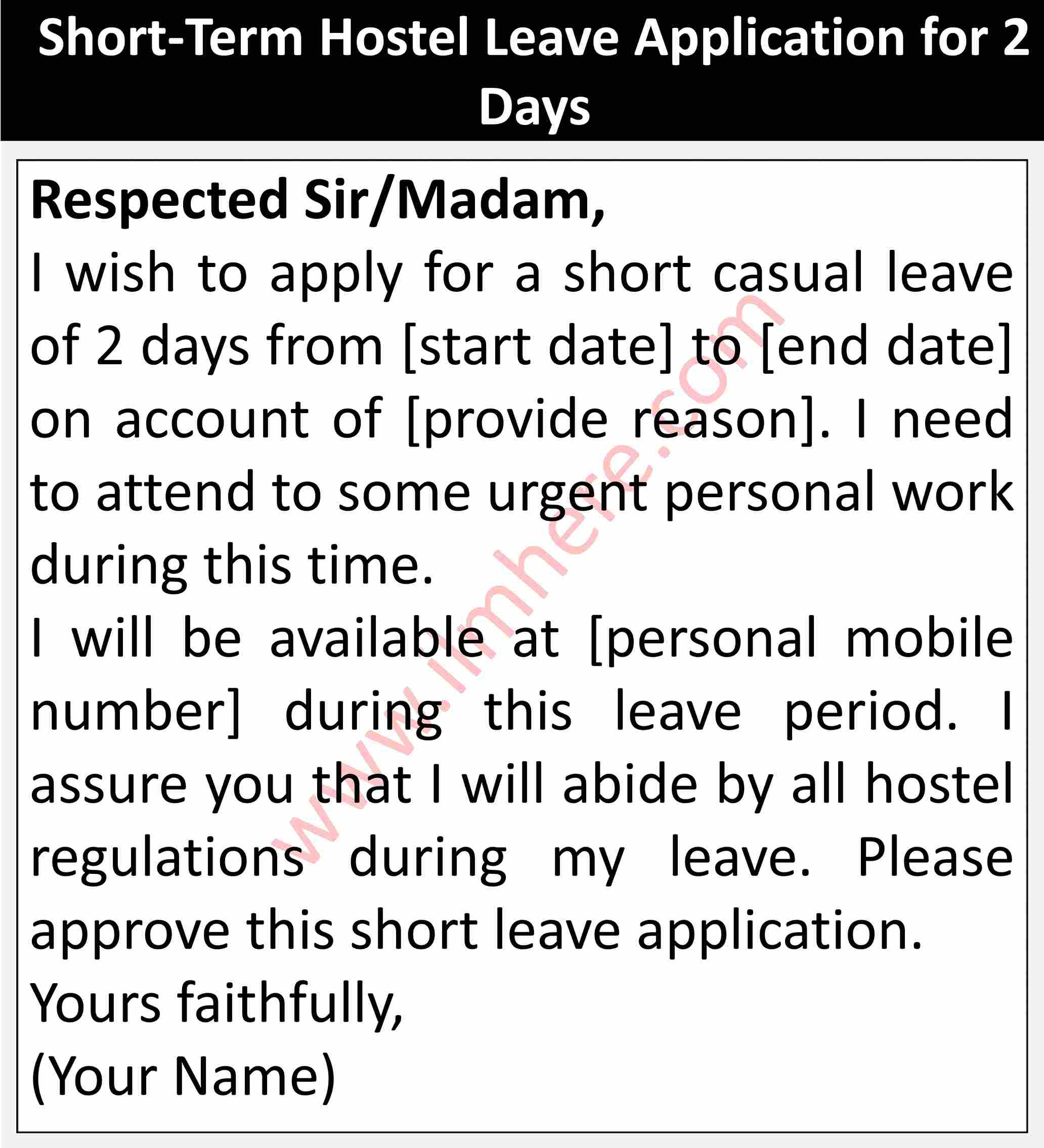 Short-Term Hostel Leave Application for 2 Days