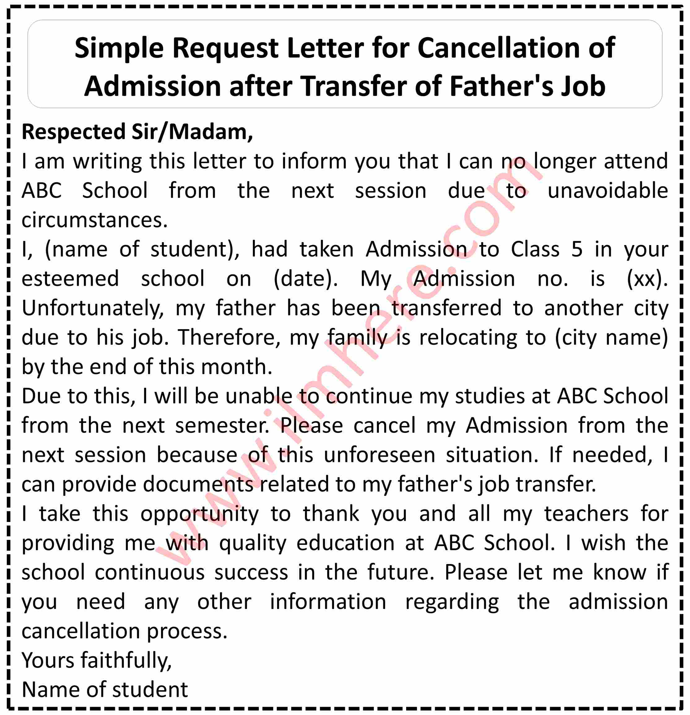 Simple Request Letter for Cancellation of Admission after Transfer of Father's Job
