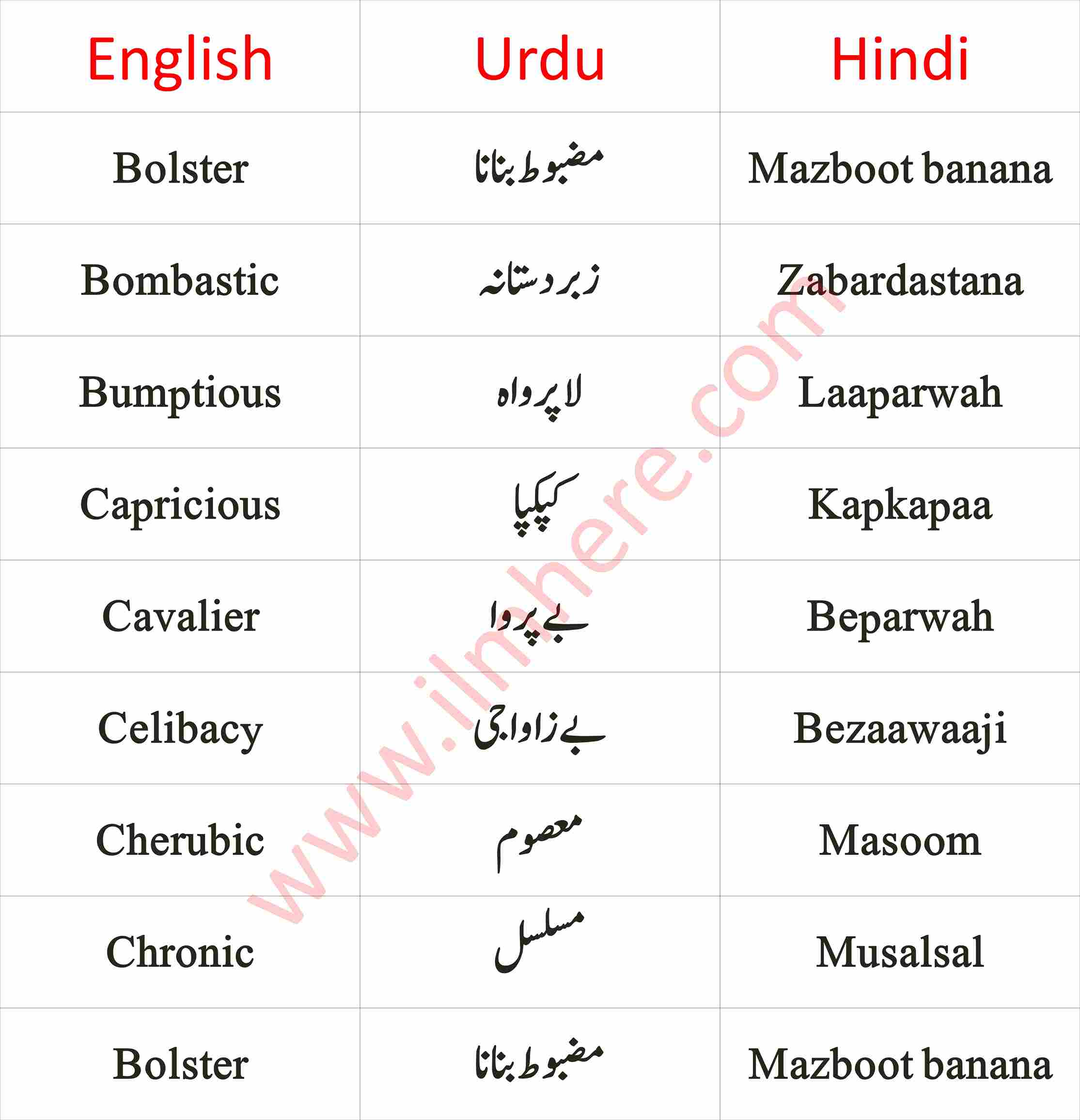 English To Urdu & Hindi Vocabulary Words for Daily Use