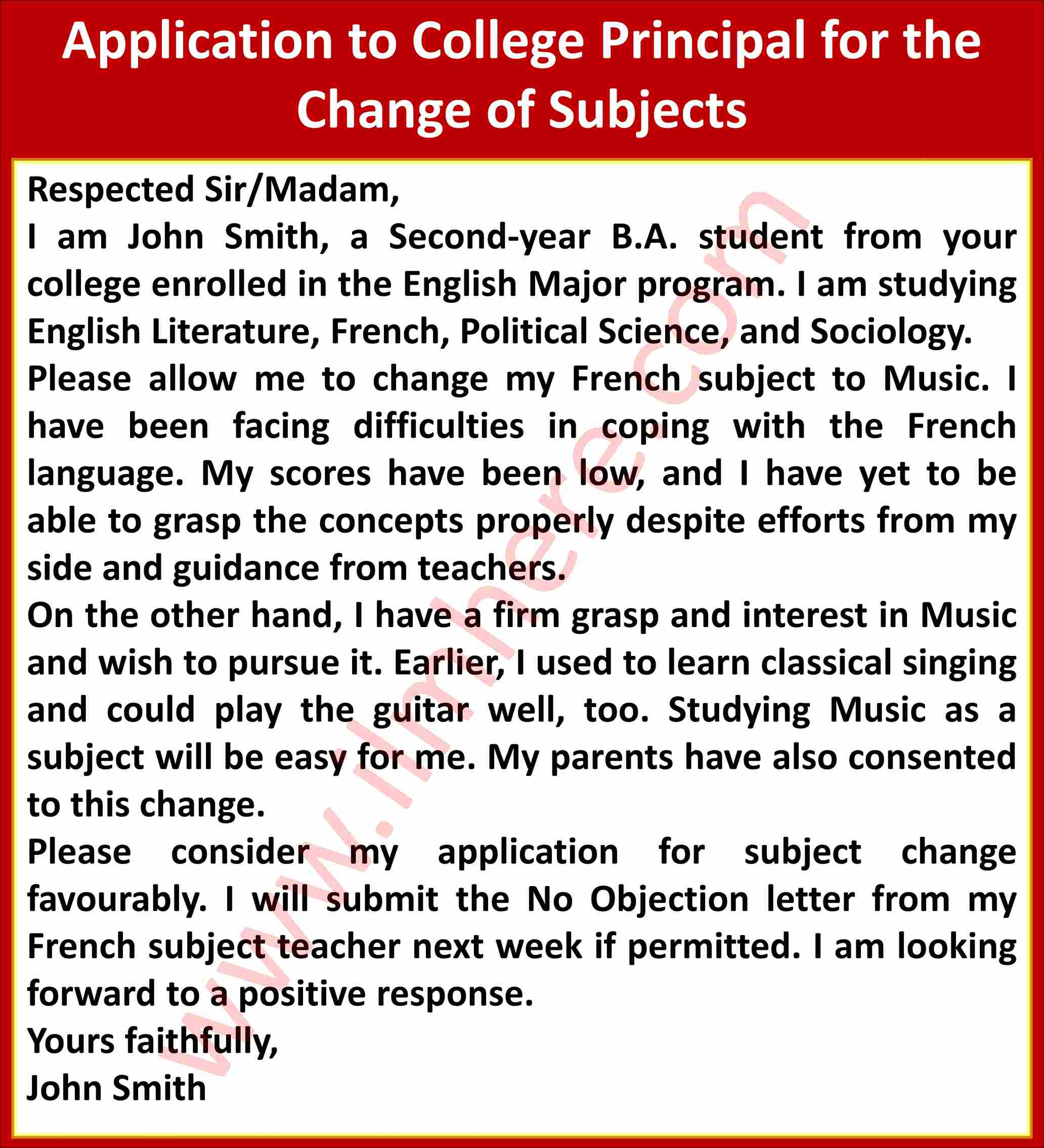Application to College Principal for the Change of Subjects